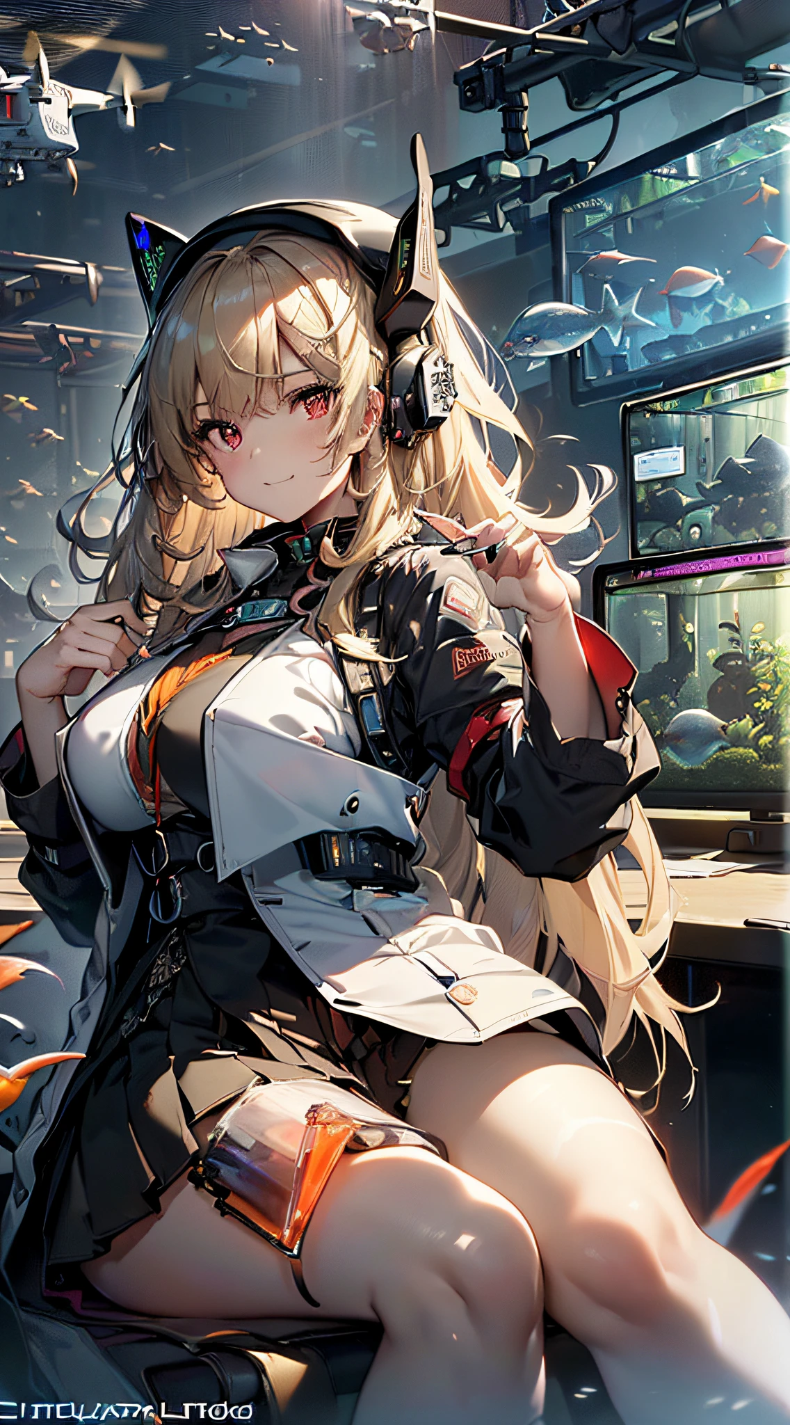 top-quality、Top image quality、masterpiece、girl with((Beautiful fece、20yr old、Best Bust、big bast、Bust 85,Red eyes to issue、Breasts wide open,Valley、Blonde long hair、A slender、Outerwear lab coat、Disheveled black Y-shirt、a black skirt、Black spats,Be at the forefront、sit a chair、Large valleys、A slight smil、Happiness)hiquality、Beautiful Art、Background with((Cyber Laboratories,Many flying drones、darkened room、Retro Laptops)),Depth((Numerous monitors、fish tank、Half-baked Android))masutepiece、Elaborate design、visualart、depth of fields、