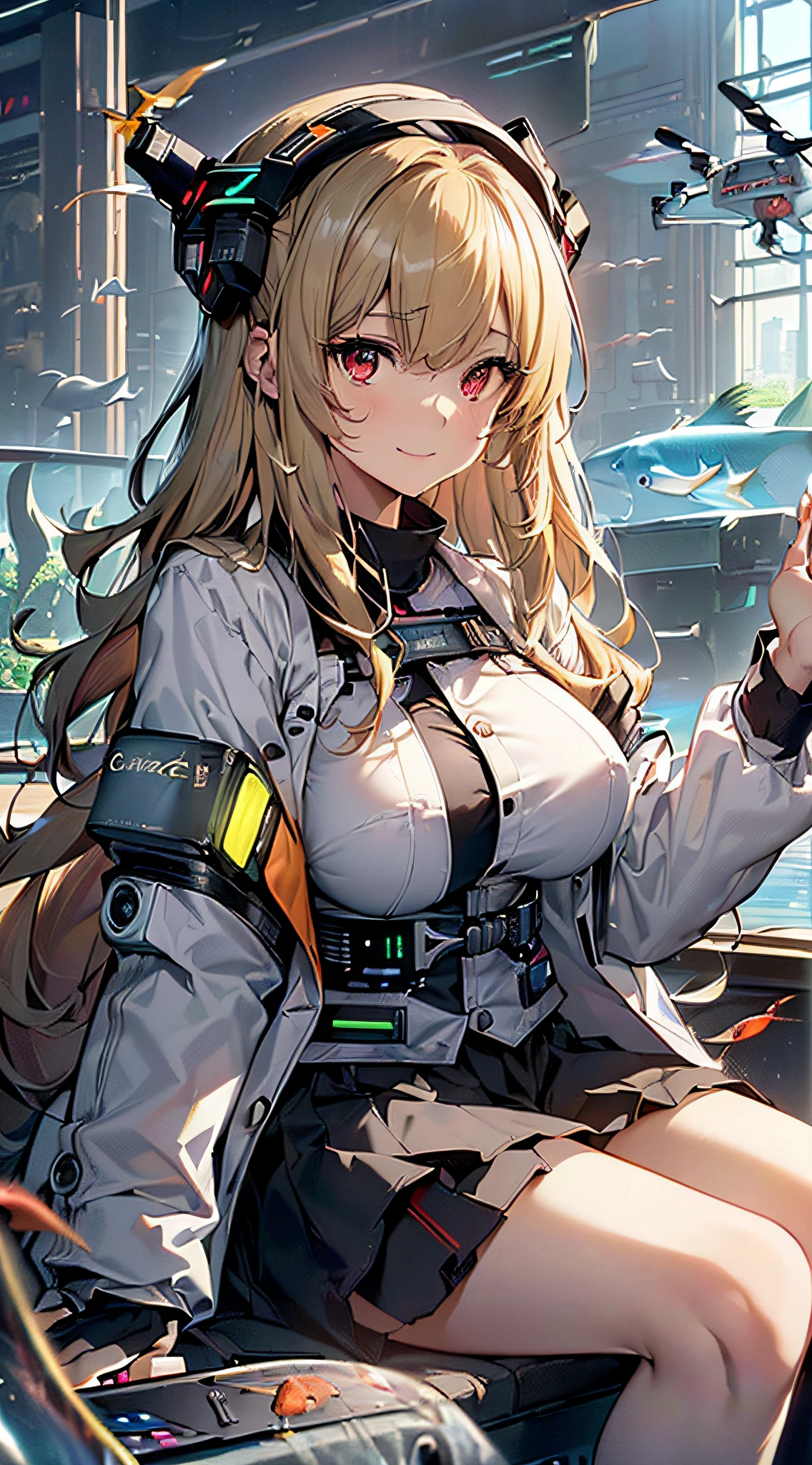 top-quality、Top image quality、masterpiece、girl with((Beautiful fece、20yr old、Best Bust、big bast、Bust 85,Red eyes to issue、Breasts wide open,Valley、Blonde long hair、A slender、Outerwear lab coat、Disheveled black Y-shirt、a black skirt、Black spats,Be at the forefront、sit a chair、Large valleys、A slight smil、Happiness)hiquality、Beautiful Art、Background with((Cyber Laboratories,Many flying drones、darkened room、Retro Laptops)),Depth((Numerous monitors、fish tank、Half-baked Android))masutepiece、Elaborate design、visualart、depth of fields、