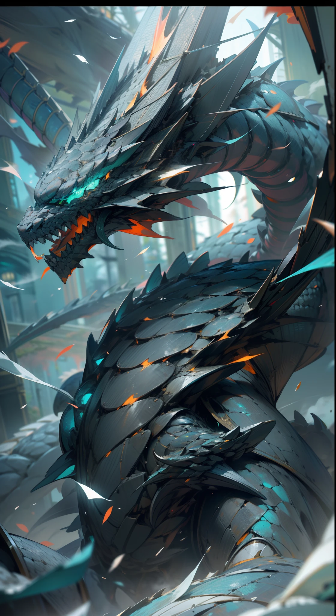 Best quality, 4K, 8K, A high resolution, Masterpiece:1.2, Ultra-detailed, Realistic:1.37, hdr, hyper HD, Mechanically constructed dragons,Huge broken weapons,Roaring dragon,Glowing scales,Erupting steam,Black smoke,White scales,Cyan eyes
