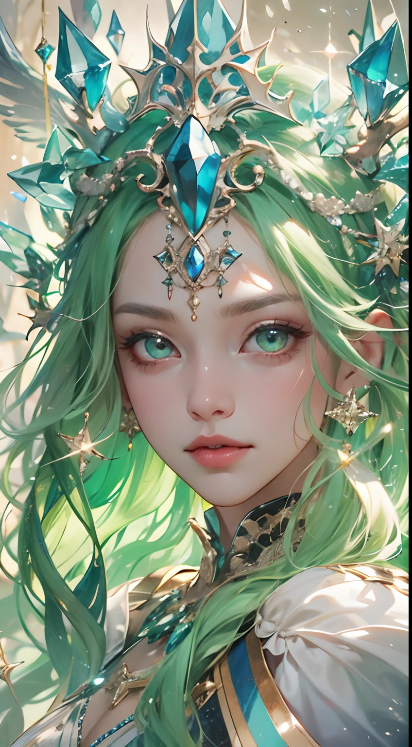 （absurderes，A high resolution，ultra - detailed），1woman，teens girl，18 years younger，Long wavy hair，Green hair，Green jewel-colored eyes，Delicate and intricate floral headdress with long sleeves，Delicate eyes and delicate face，Extremely detailed CG unity 8k wallpaper，Complicated details，（ style-swirlmagic:1.0), looking at viewer, solo, upper body, detailed background, close up, detailed face, (gothic dark ages theme:1.1), crystal sorcerer, dynamic pose, earth themed clothes, crystal crown, Float in the air，glowing magical shards，Surrounded by blue magic crystals，rock formations，stalactites，Magic floating particles，crystal glass，crystal sphere，Crystal canyon background，（shallow water：0.7），Epic ethereal atmosphere，Updraft，sportrait