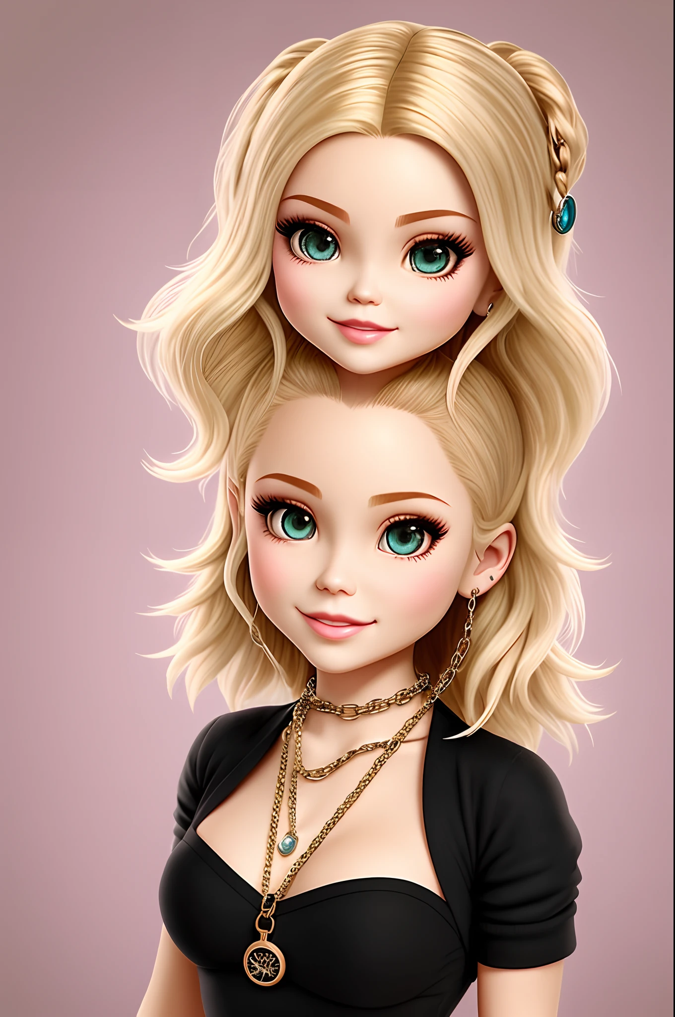 hyper realistic, bratz cartoon, 3d, blonde hair, y2k style, chain with a pendant saying Jenna, smiling, cute style, long nails, white girl