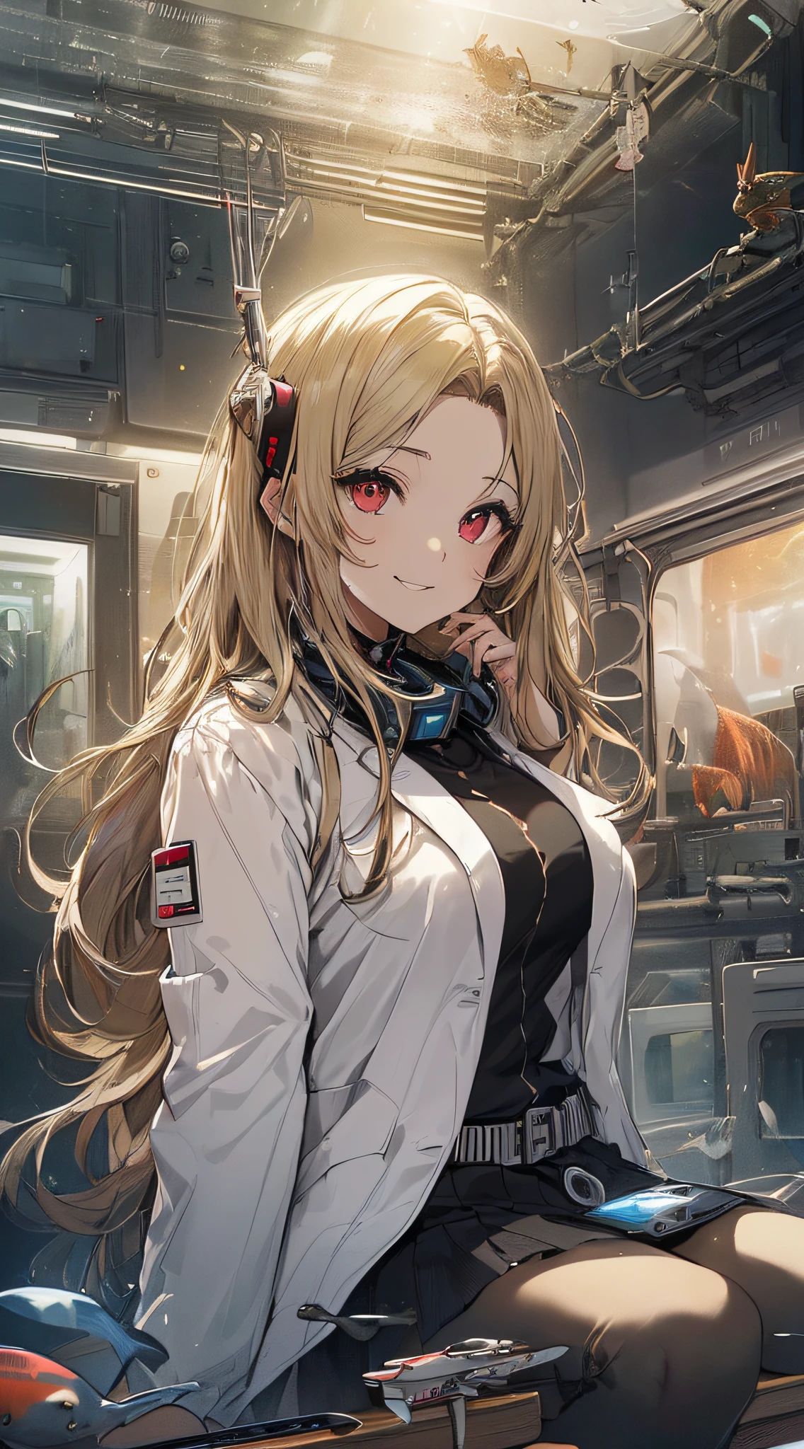 top-quality、Top image quality、masterpiece、girl with((Beautiful fece、20yr old、Best Bust、big bast、Bust 85,Red eyes to issue、Breasts wide open,Valley、Blonde long hair、A slender、Outerwear lab coat、Disheveled black Y-shirt、a black skirt、Black spats,Be at the forefront、sit a chair、Large valleys、A slight smil、Happiness)hiquality、Beautiful Art、Background with((Cyber Laboratories,Many flying drones、darkened room、Retro Laptops)),Depth((Numerous monitors、fish tank、Half-baked Android))masutepiece、Elaborate design、visualart、depth of fields、