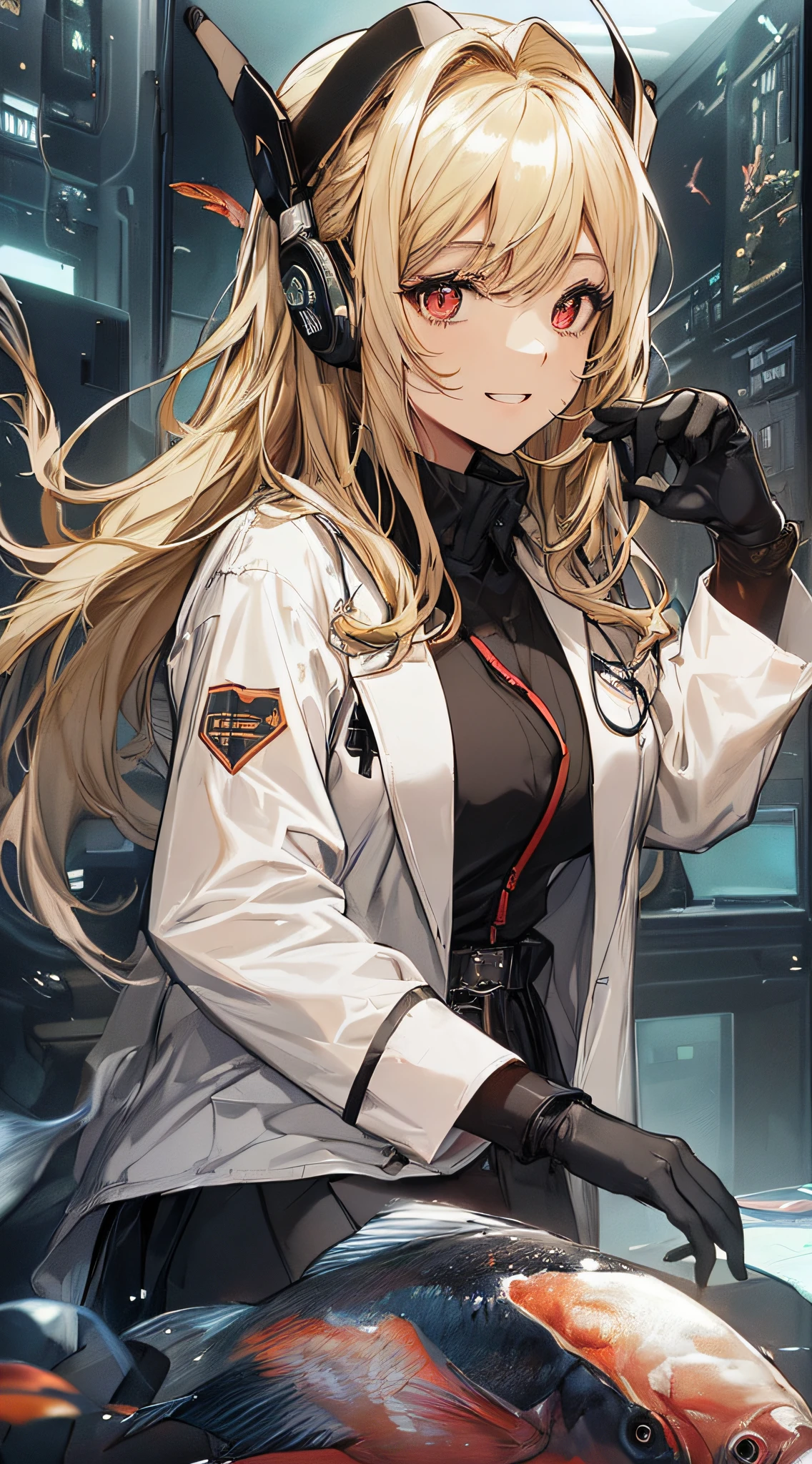 top-quality、Top image quality、​masterpiece、girl with((Beautiful fece、20yr old、Best Bust、big bast、Bust 85,Red eyes to issue、Breasts wide open,Valley、Blonde long hair、A slender、Outerwear lab coat、Disheveled black Y-shirt、a black skirt、Black spats,Be at the forefront、sit a chair、Large valleys、A slight smil、Happiness）hiquality、Beautiful Art、Background with((Cyber Laboratories,Many flying drones、darkened room、Retro Laptops)),Depth((Numerous monitors、fish tank、Half-baked Android))masutepiece、Elaborate design、visualart、depth of fields、