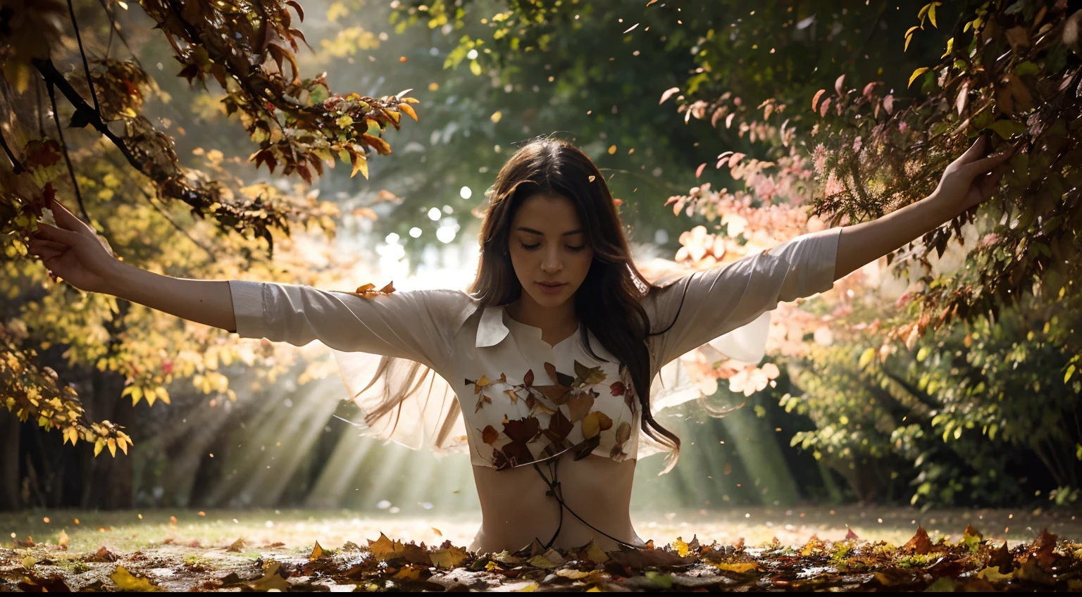description: An image depicting a person emerging from a sea of leaves or petals, Symbolizing rebirth and overcoming burnout. The person has open arms, with a look of determination and hope. Estilo: Utilize a watercolor technique to create a light and ethereal image, com cores suaves e tons pastel.
