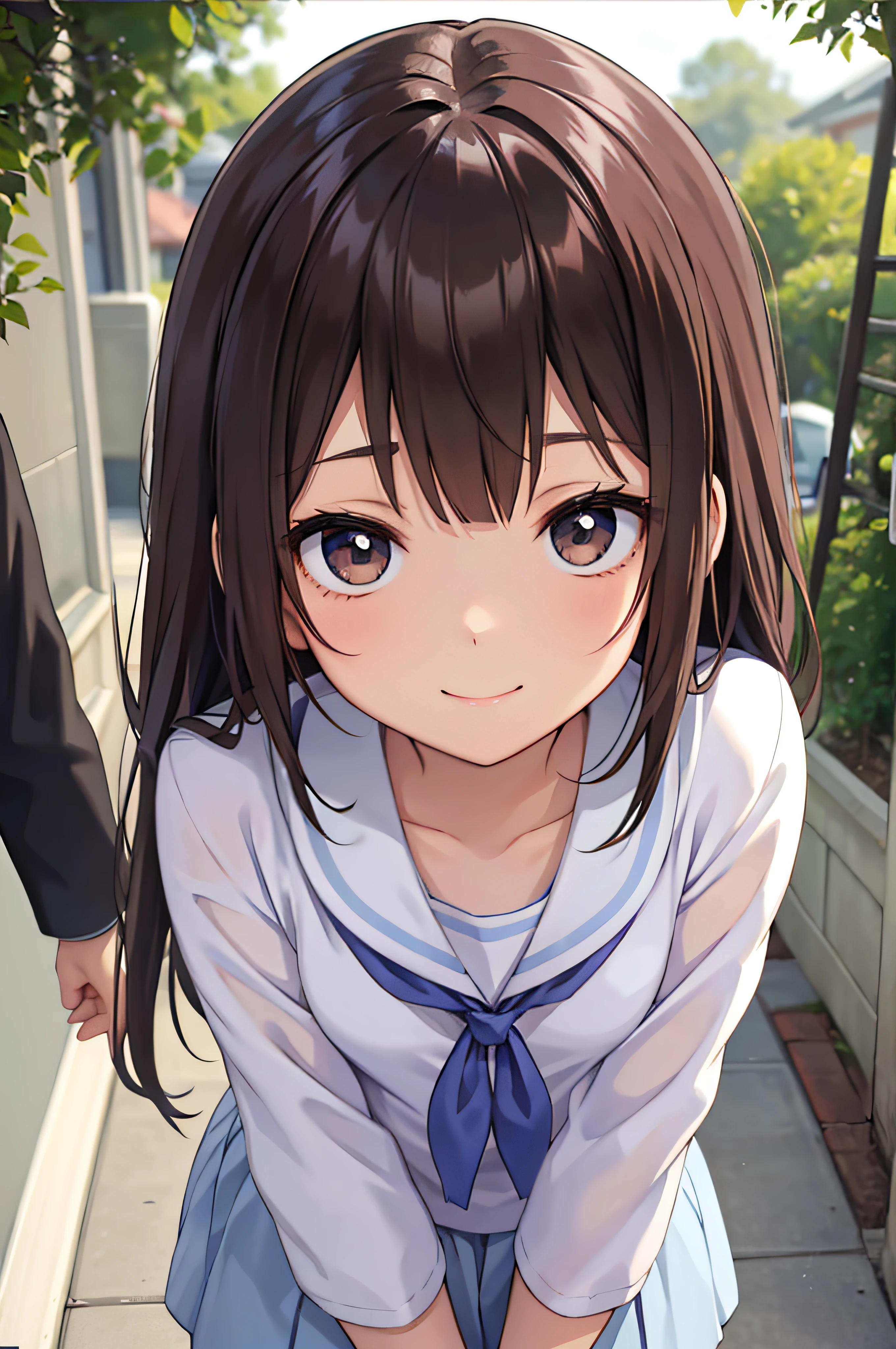 13years、brown haired、beautidful eyes、real looking skin、hi-school girl、a sailor suit、small tits、(8K、​masterpiece)、(reallistic、Photorealsitic)、top-quality、ighly detailed、The ultra-detailliert、Beautie、cute little、japanes、Idol、a smile、Close-up portrait、Healthy face