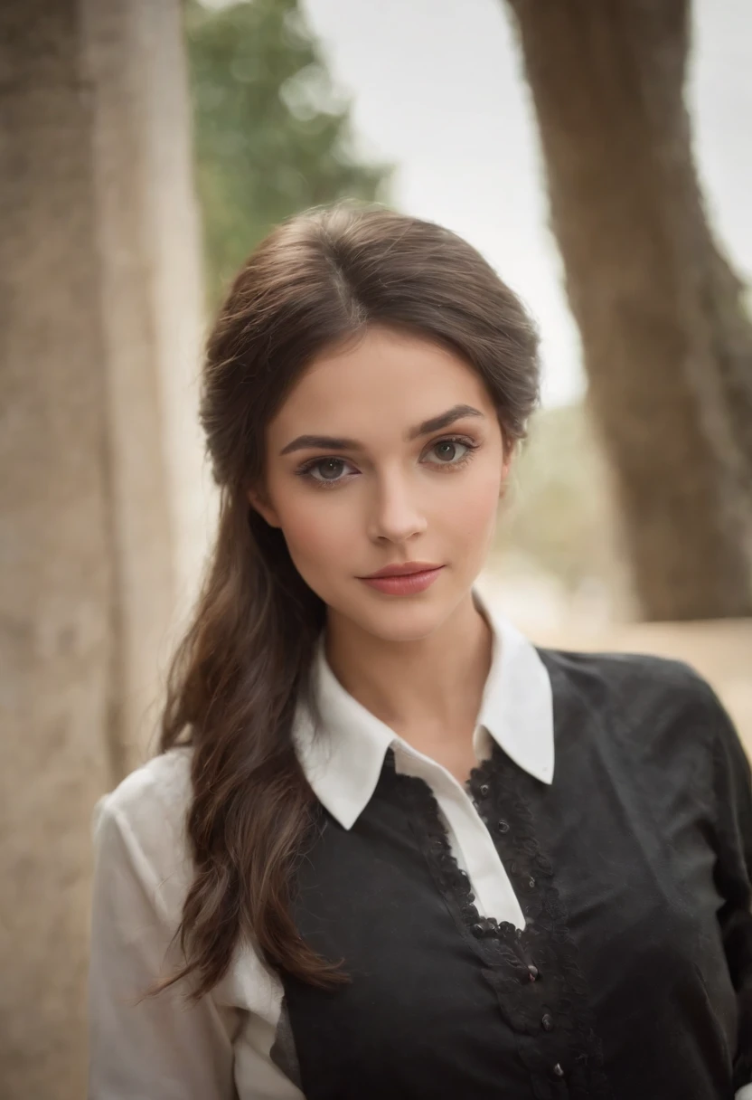 estudante do Ensino Fundamental, Vestida Com uma Camisa social e uma gravata preta, Cabelo Preto, Franja cobrindo a sobrancelha, Olhos Vermelhos Brilhantes, Cilios longos, Usando Brinco Na orelha Direita.