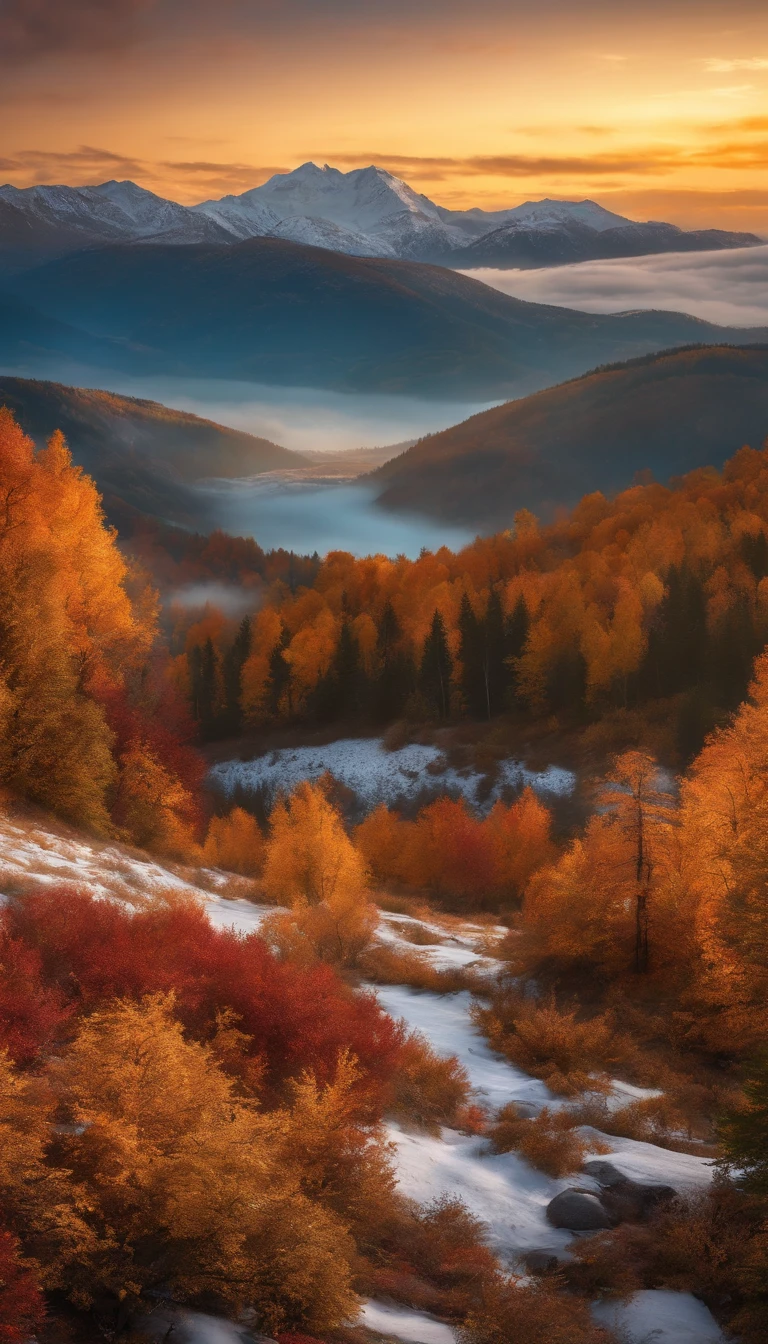Snow mountains, fall foliage, surrounded by clouds, thick clouds, OC rendered, high quality, masterpiece, hyper-realistic, ultra photo realism, 8K, super-fine, ultra-detailed, ultra-wide angle of view, dynamic viewing angle, bathed in the warm, golden glow of the sunrise light, in a 9:16 image size.
