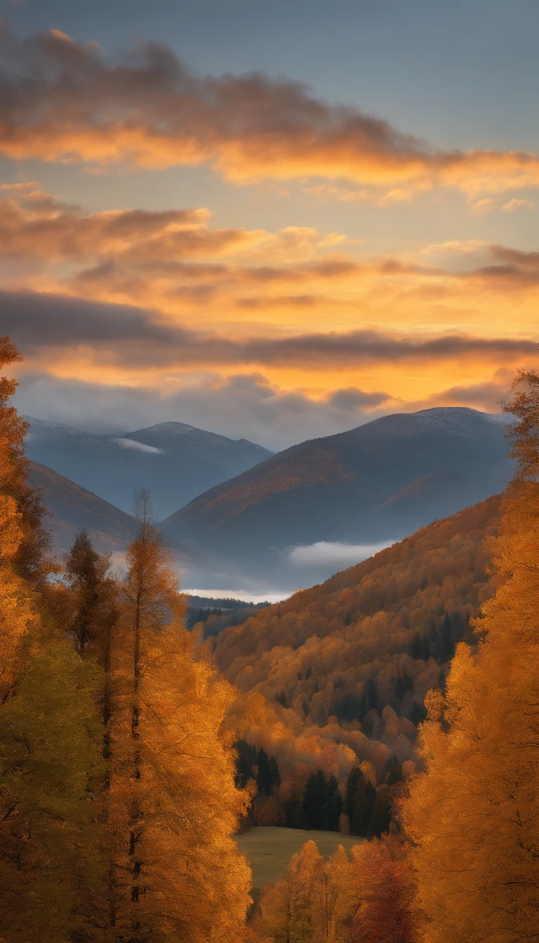 Snow mountains, fall foliage, surrounded by clouds, thick clouds, OC rendered, high quality, masterpiece, hyper-realistic, ultra photo realism, 8K, super-fine, ultra-detailed, ultra-wide angle of view, dynamic viewing angle, bathed in the warm, golden glow of the sunrise light, in a 9:16 image size.