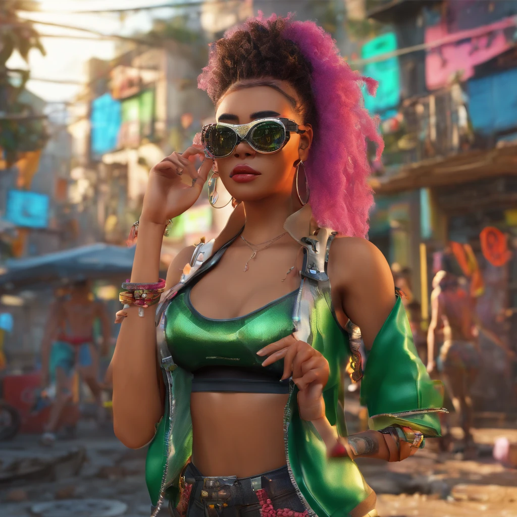 baile funk do brasil , favela , favela do brasil ,beautiful young lady , clima dark , estilo cyber punk ,usando oculos dart da oakley , Sexy girl , maximo de qualidade , 4k