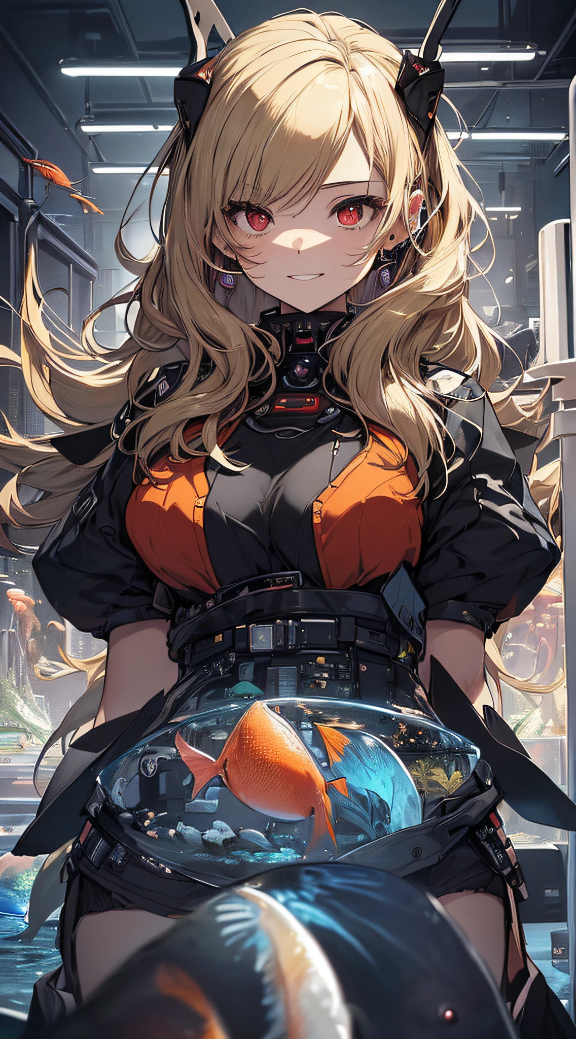 top-quality、Top image quality、masterpiece、girl with((Beautiful fece、20yr old、Best Bust、big bast、Bust 85,Red eyes to issue、Breasts wide open,Valley、Blonde long hair、A slender、Disheveled black Y-shirt、a black skirt、Black spats,Be at the forefront、sit a chair、Large valleys、A slight smil、Happiness、Wireless Earphones)hiquality、Beautiful Art、Background with((Cyber Laboratories,Many flying drones、darkened room、Retro Laptops)),Depth((Numerous monitors、fish tank、Half-baked Android))masutepiece、Elaborate design、visualart、depth of fields、