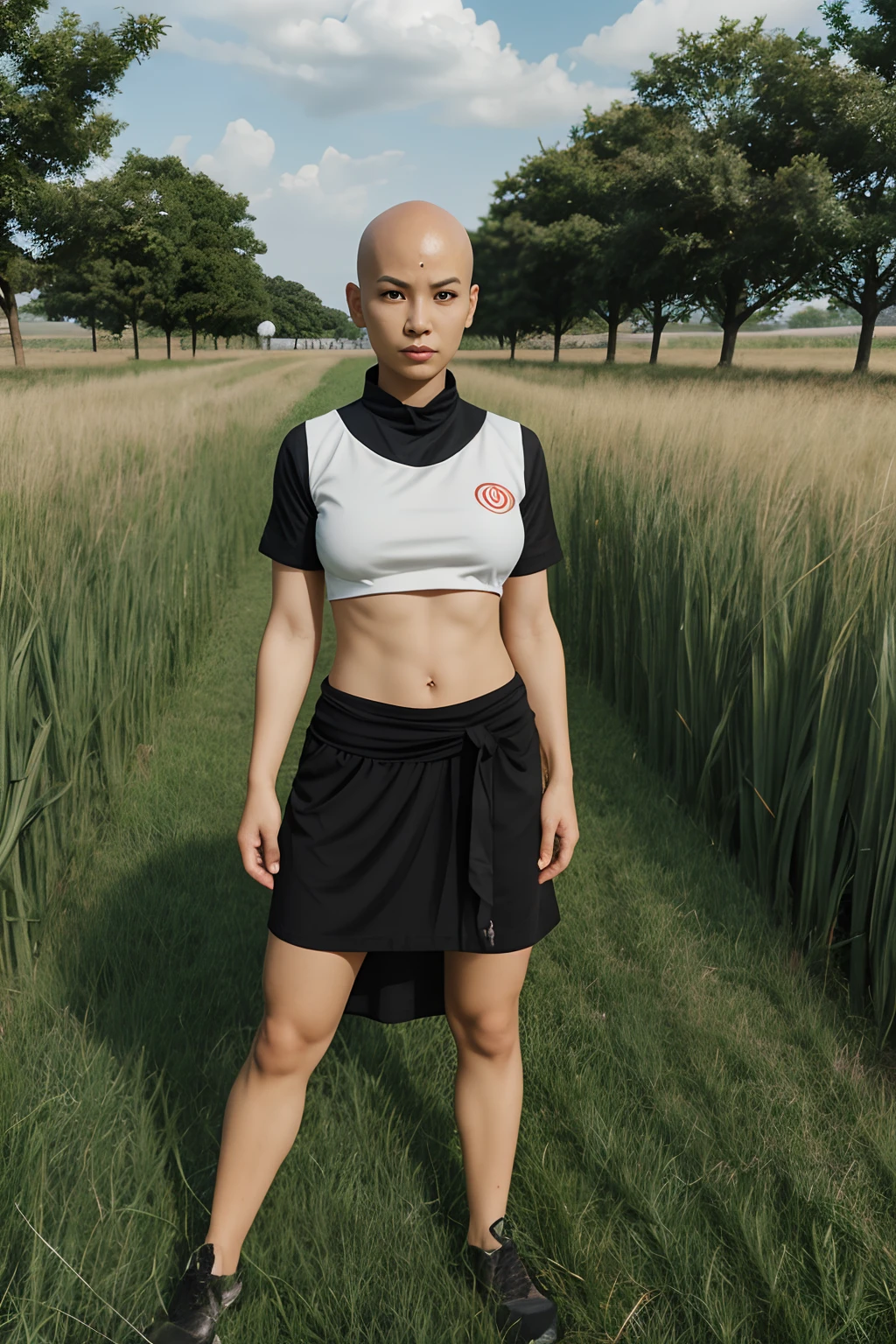 Full body tenshinhan,female with three eyes,add an big eye in the middle of the forehead, grass background