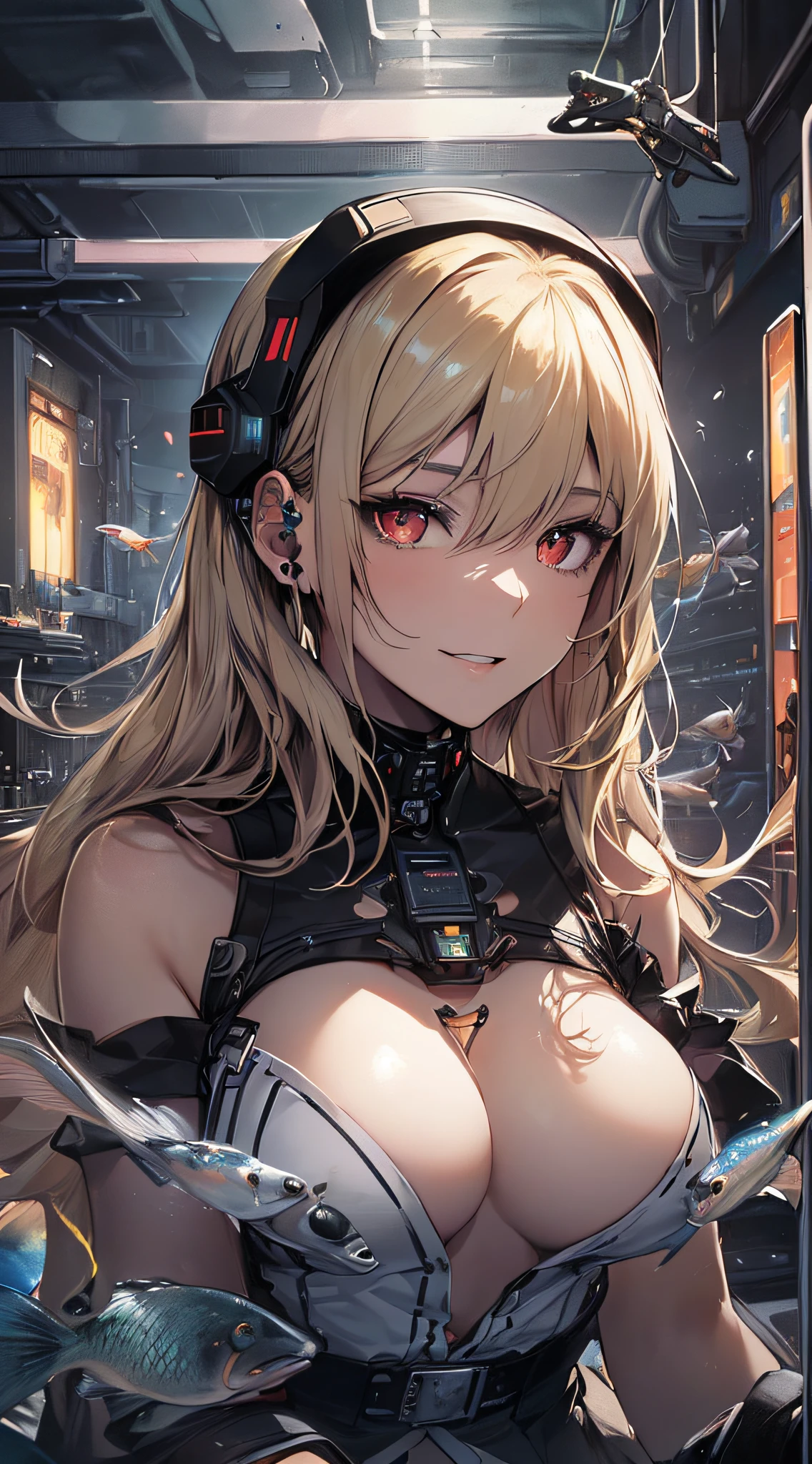 top-quality、Top image quality、​masterpiece、girl with((Beautiful fece、20yr old、Best Bust、big bast、Bust 85,Red eyes to issue、Breasts wide open,Valley、Blonde long hair、A slender、Disheveled black Y-shirt、a black skirt、Black spats,Be at the forefront、sit a chair、Large valleys、A slight smil、Happiness、Wireless Earphones）hiquality、Beautiful Art、Background with((Cyber Laboratories,Many flying drones、darkened room、Retro Laptops)),Depth((Numerous monitors、fish tank、Half-baked Android))masutepiece、Elaborate design、visualart、depth of fields、