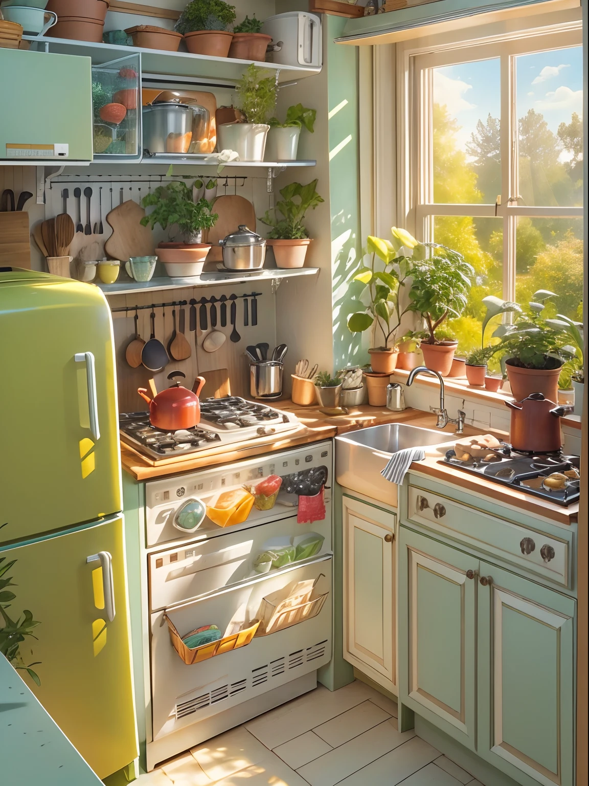 Kitchen, refrigerator, Roaster, A plant, window. rays of sunshine