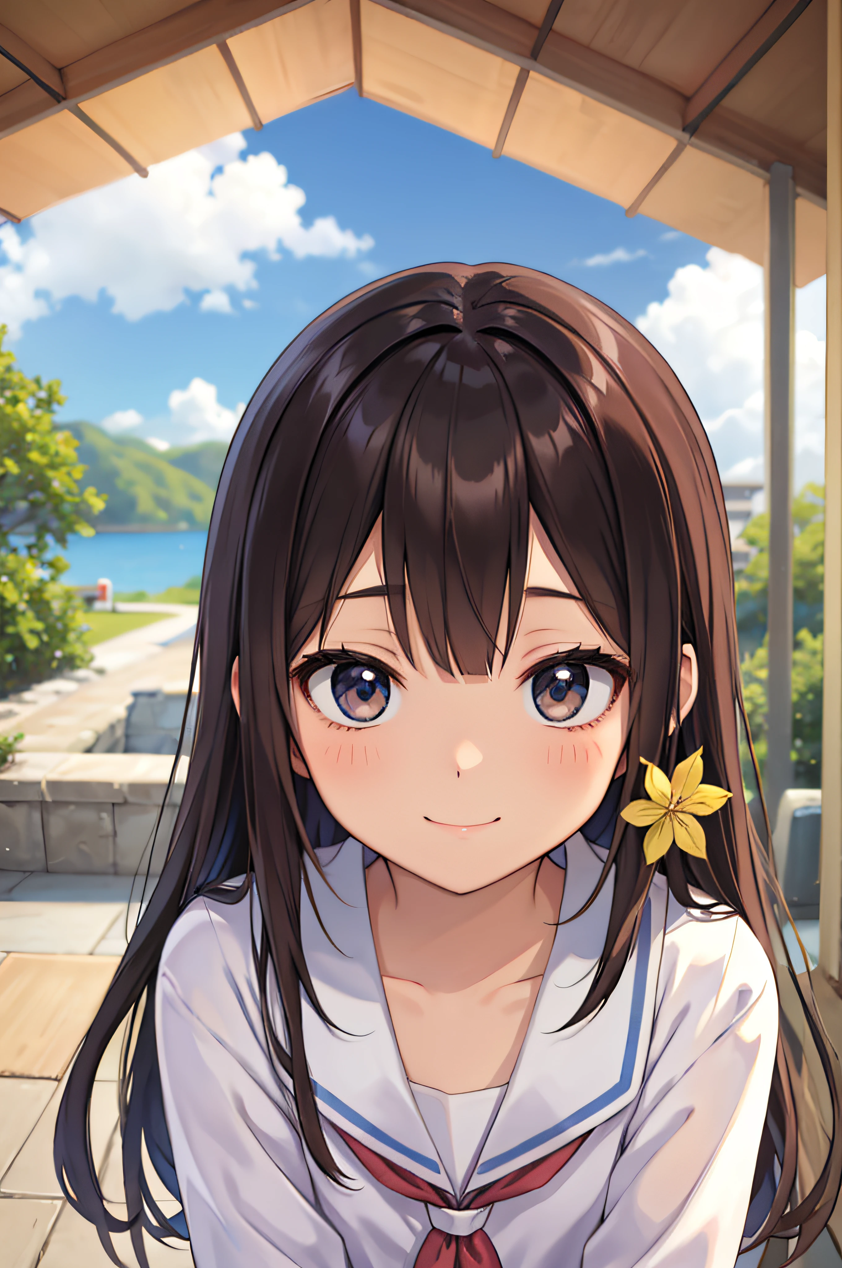 13years、brown haired、beautidful eyes、real looking skin、hi-school girl、a sailor suit、small tits、(8K、​masterpiece)、(reallistic、Photorealsitic)、top-quality、ighly detailed、The ultra-detailliert、Beautie、cute little、japanes、Idol、a smile、Close-up portrait、Healthy face