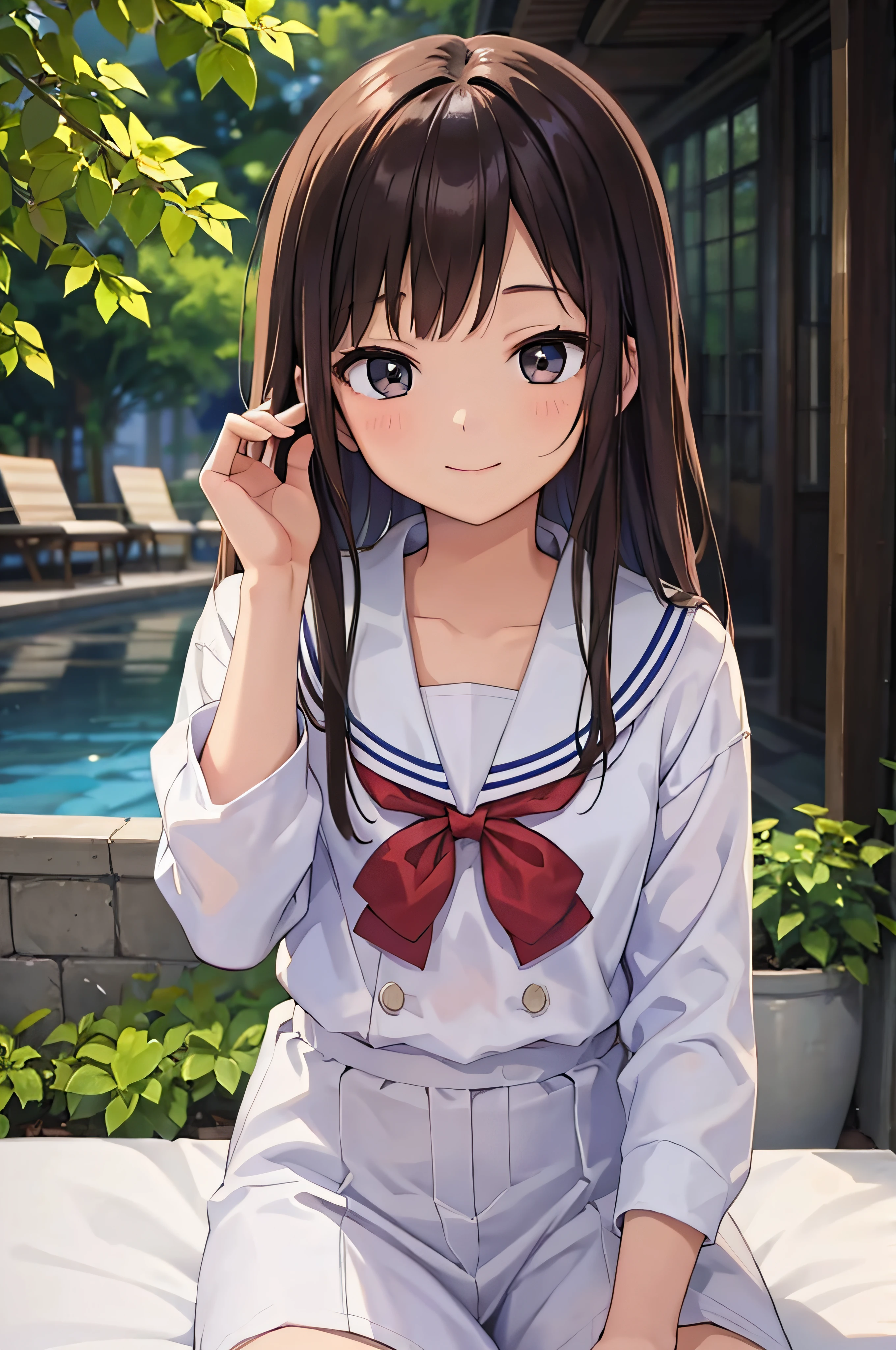 18year old、brown haired、beautidful eyes、real looking skin、hi-school girl、a sailor suit、small tits、(8K、​masterpiece)、(reallistic、Photorealsitic)、top-quality、ighly detailed、The ultra-detailliert、Beautie、cute little、japanes、Idol、a smile、Close-up portrait、Healthy face