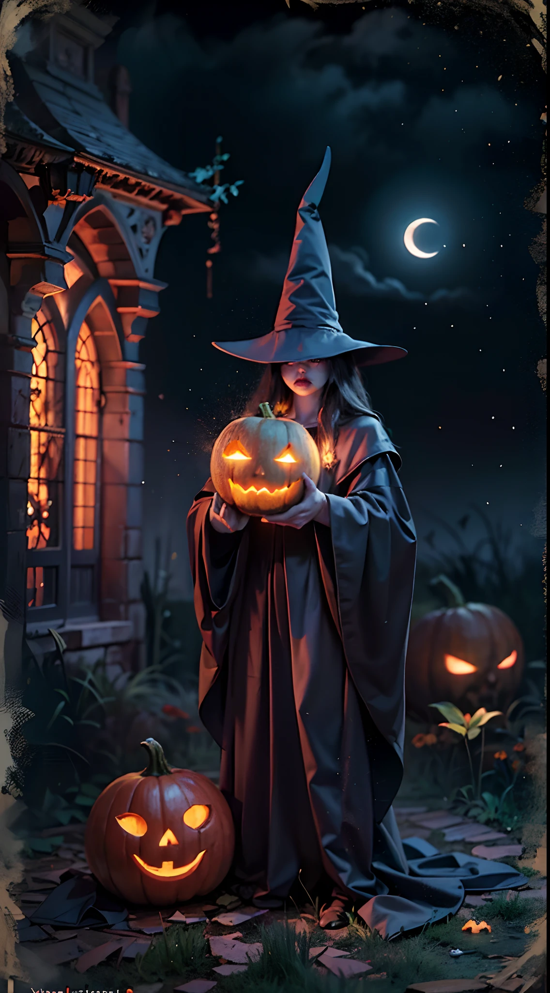 A wizard with a pumpkin head,illustration,Spooky texture,Dark magic,Moonlit Night,Spooky atmosphere,Creepy shadows,Evocative and unforgettable,Ancient Spell Book,Flashing candlelight,colorful robes,Glowing eyes,Crushed pumpkin,Ominous expressions,Haunted house in the background,Witch hat,Cast magic in a swirling mist,Bats fly in the night sky,The full moon casts an eerie glow,an enchanted forest,Jack-o-lanterns line the paths,Gothic architecture,grimoire,pentacle,mystic symbols. (Best quality,4K,8K,A high resolution,Masterpiece:1.2),Ultra-detailed,(Realistic,Photorealistic,photo-realistic:1.37),dark fantasy style,Spooky color palette,Dramatic lighting