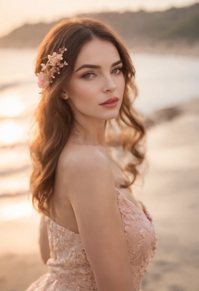 lndswgnr_v1.0, (Sharp focus: 1.5), (sharp focus:1.2), portrait, attractive young woman, (beautiful face:1.1), detailed eyes, luscious lips, (eye makeup:1.2), (tight body:1.2), wearing (flowery dress:1.2) at (the beach:1.2). (morning sun lighting:1.2), depth of field, bokeh, 4K, HDR. by (James C. Christensen:1.2|Jeremy Lipking:1.1).