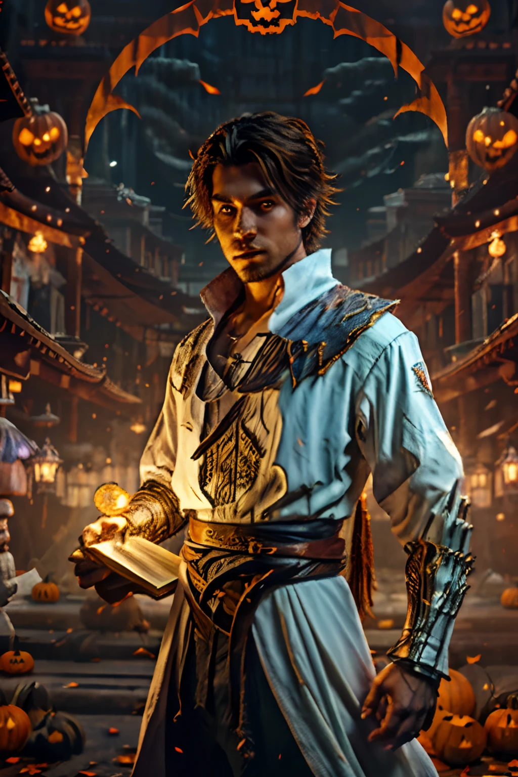an attractive young Spanish wizard with white skin conjuring a hurricane spell, a floating iridescent spell book in the center, intricate, Modern setting, a yellow haired guy in his early 20s. Realistic looking, with gray eyes. Casual clothes, short hair, handsome male warewolf, in a halloween style, muscular magician man, halloween celebration, halloween art style, romance novel cover, halloween atmosphere, fantasy male portrait, powerful male scarecrow, seductive man