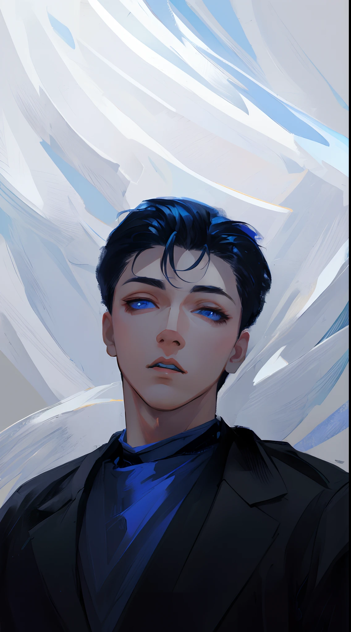 (Best quality,Ultra-detailed,A high resolution:1.2),(subtle color variations,pastelcolor:0.9),(Portrait,Concept artist:1.1),(Sparse lighting,Cool lighting:1.1)
1 boy, Short hairstyle, Messy black hair, Blue highlights, piercing blue eyes, Sharp eyes, necklace, shirt, Open blazer, Pure white background, minimalistic background