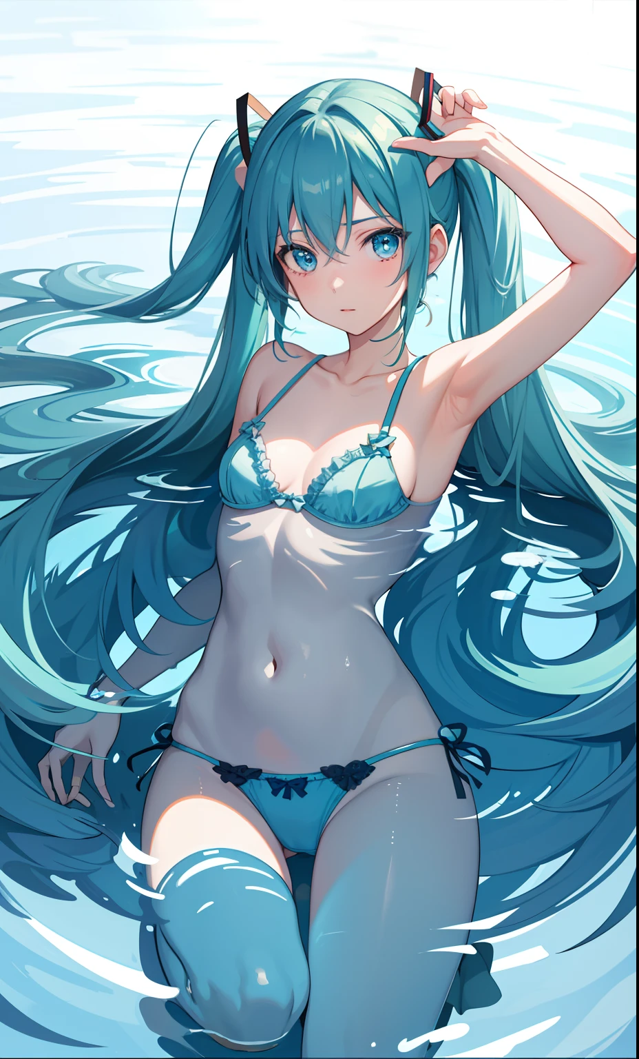 1girl in、AS-Adult、Cute underwear、Full body portrait、miku hatsune,clean,masterpiece,Beautiful fece,flowingwater,The background is cobalt blue,effect,neon color