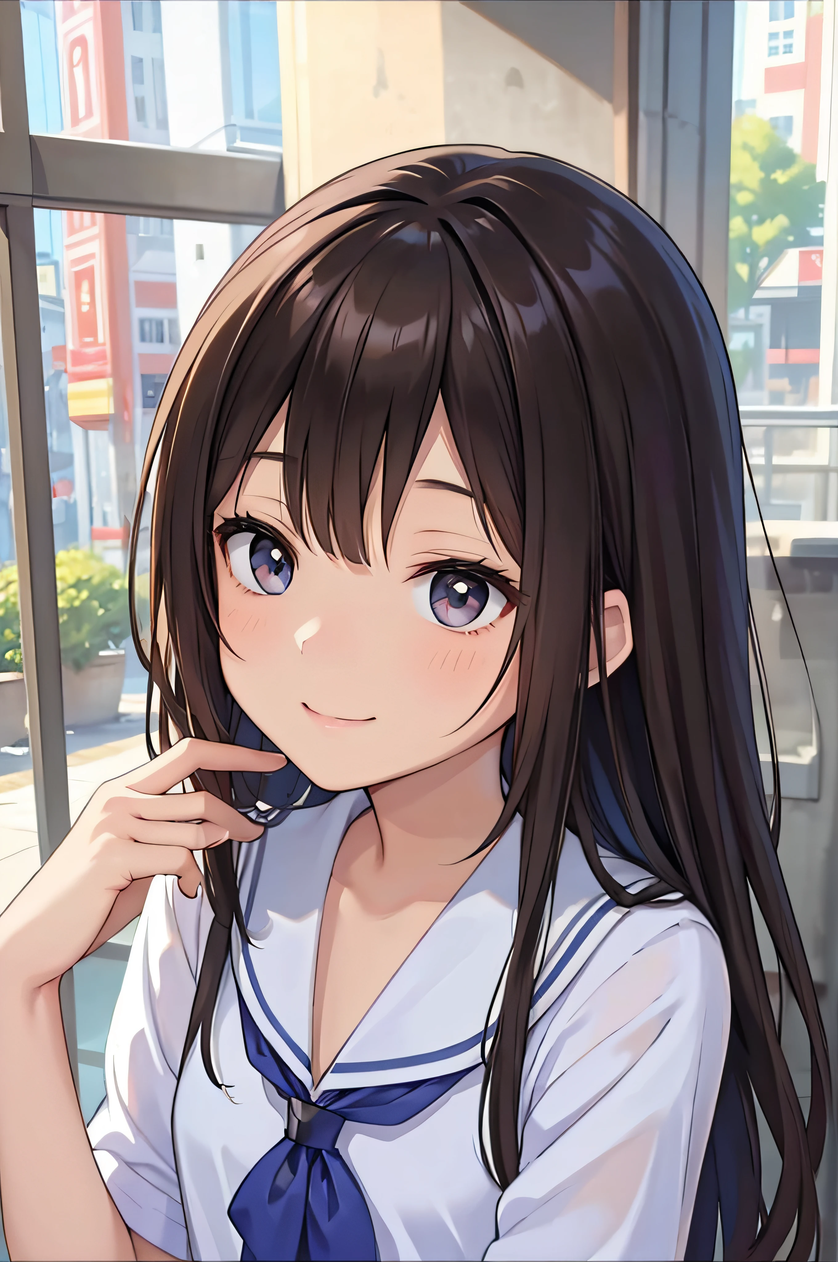 18year old、brown haired、beautidful eyes、real looking skin、hi-school girl、a sailor suit、small tits、(8K、​masterpiece)、(reallistic、Photorealsitic)、top-quality、ighly detailed、The ultra-detailliert、Beautie、cute little、japanes、Idol、a smile、Close-up portrait、Healthy face