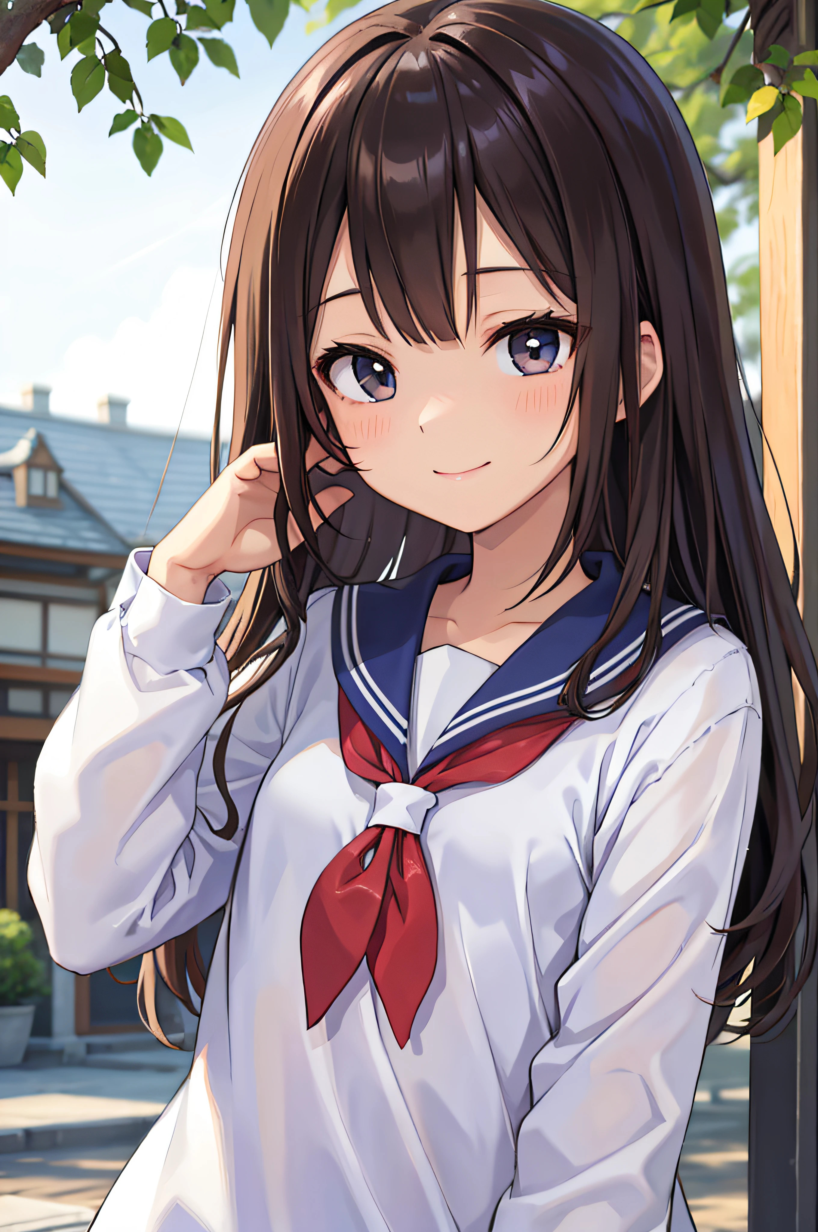 18year old、brown haired、beautidful eyes、real looking skin、hi-school girl、a sailor suit、small tits、(8K、​masterpiece)、(reallistic、Photorealsitic)、top-quality、ighly detailed、The ultra-detailliert、Beautie、cute little、japanes、Idol、a smile、Close-up portrait、Healthy face