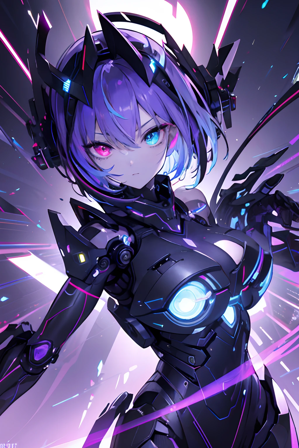 {{masterpiece,Best Work}}, top-quality, Ultra-detailed CG Unity,8k wallpaper, lensflare, (Detailed beautiful eyes),Particle,Female Android,Bery short hair,Cool Face,((Multicolored mechanical hair)),rainbow eyes,heterochromia iridis,Big,Black and purple machine body,Exhaling purple light,Inorganic black headgear,(perfectbody),cyberpunked,Inorganic decoration,Machine body,cables,Body emitting purple light,low angles,perfect hand.