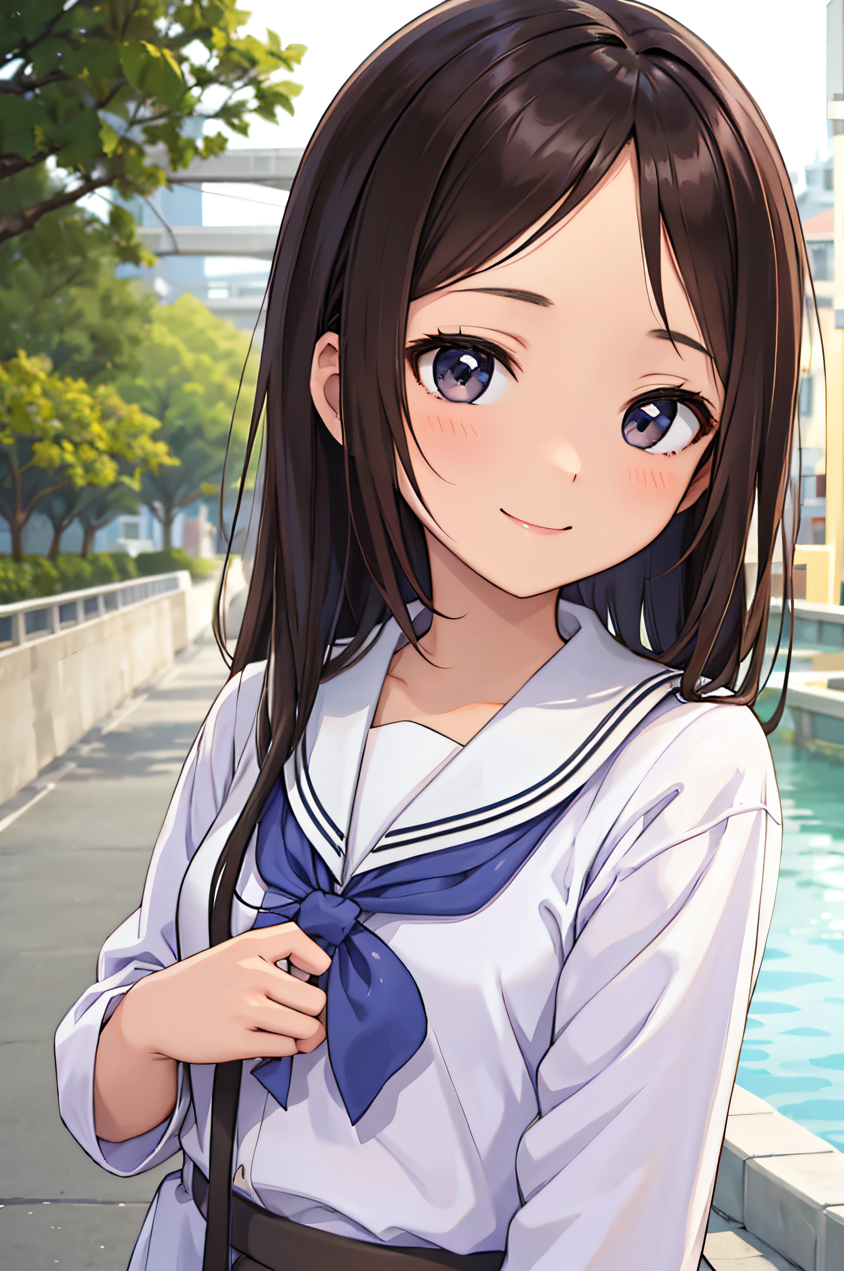 18year old、brown haired、beautidful eyes、real looking skin、hi-school girl、a sailor suit、small tits、(8K、masterpiece)、(reallistic、Photorealsitic)、top-quality、ighly detailed、The ultra-detailliert、Beautie、cute little、japanes、Idol、a smile、Close-up portrait、Healthy face