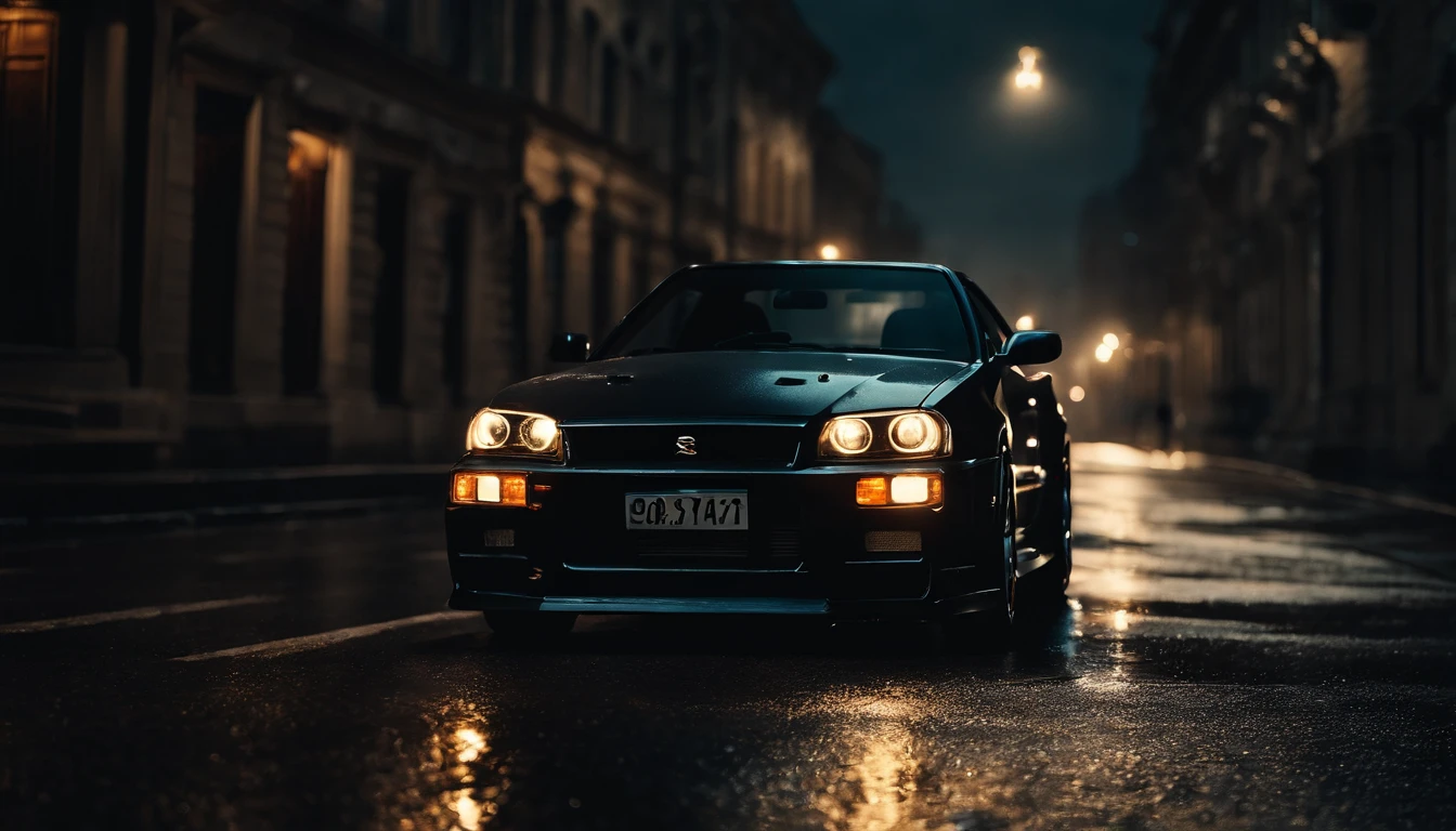 r34 nissan skyline, photo of a car in a stormy night, city night, storm in the city, ultra detailed, photorealistic, masterpiece.