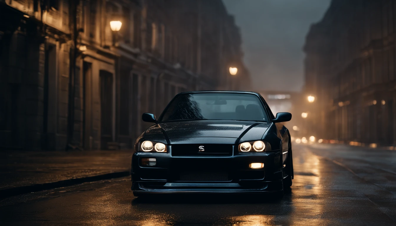 r34 nissan skyline, photo of a car in a stormy night, city night, storm in the city, ultra detailed, photorealistic, masterpiece.