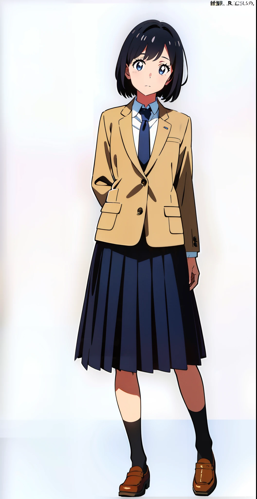 (standing:1.0), (looking at viewer:1.0), (white background:1.1), (best quality:1.1), (masterpiece:1.1), (full body:1.0), (solo:1.0), (a 18yo cute girl:1.0), (long skirt:0.9), (dark blue skirt:1.0), (pleated skirt:1.0), (school uniform beige blazer:1.0), (dark blue necktie:1.0), (black socks:1.0), (loafers:1.0), (lanky:1.1), (tall:1.1), (slender:1.1), (small breasts:1.1), (detailed beautiful eyes:1.0), (detailed beautiful face:1.0), (glowing black eyes:1.0), (short hair:1.0), (strait hair:1.0), (black hair:1.0)