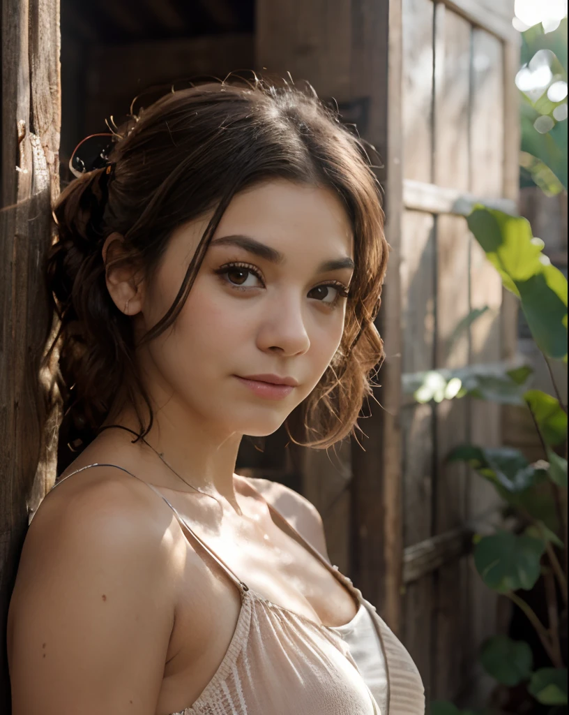 analog style portrait of vanessa hudgens, (shy), cleft chin, looking at the camera, f1.4 lens, dramatic composition, cinematic lighting, (blush), (flirty), rustic hut, tropical plants, white maxi dress, backlighting, dark brown wavy hair, messy bun, natural makeup, athletic body, tanned, glow, sweat, (sunny, sunshine, sunbeam),