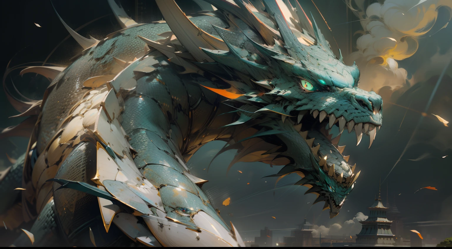 Best quality, 4K, 8K, A high resolution, Masterpiece:1.2, Ultra-detailed, Realistic:1.37, hdr, hyper HD, Mechanically constructed dragons,Huge broken weapons,Roaring dragon,Glowing scales,Erupting steam,Black smoke,White scales,Cyan eyes