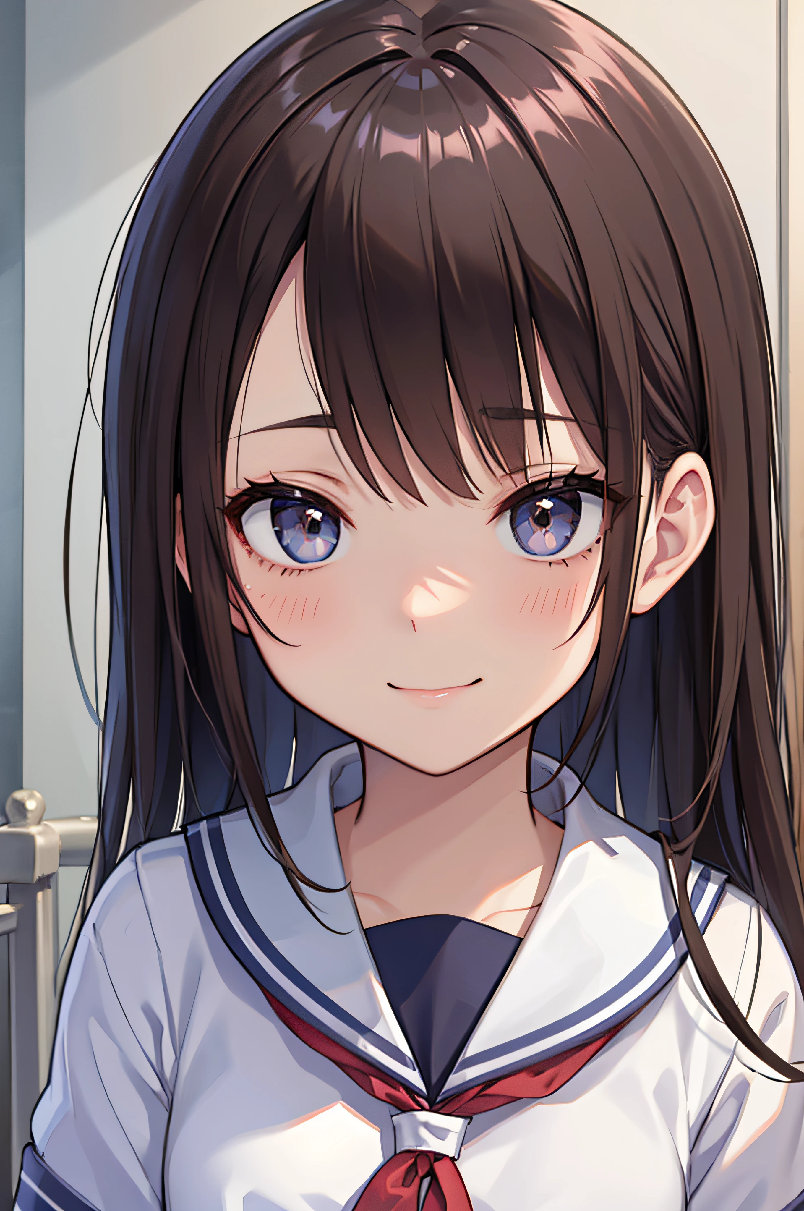 sixteen years old、brown haired、beautidful eyes、real looking skin、hi-school girl、a sailor suit、small tits、(8K、masterpiece)、(reallistic、Photorealsitic)、top-quality、ighly detailed、The ultra-detailliert、Beautie、cute little、japanes、Idol、a smile、Close-up portrait、Healthy face