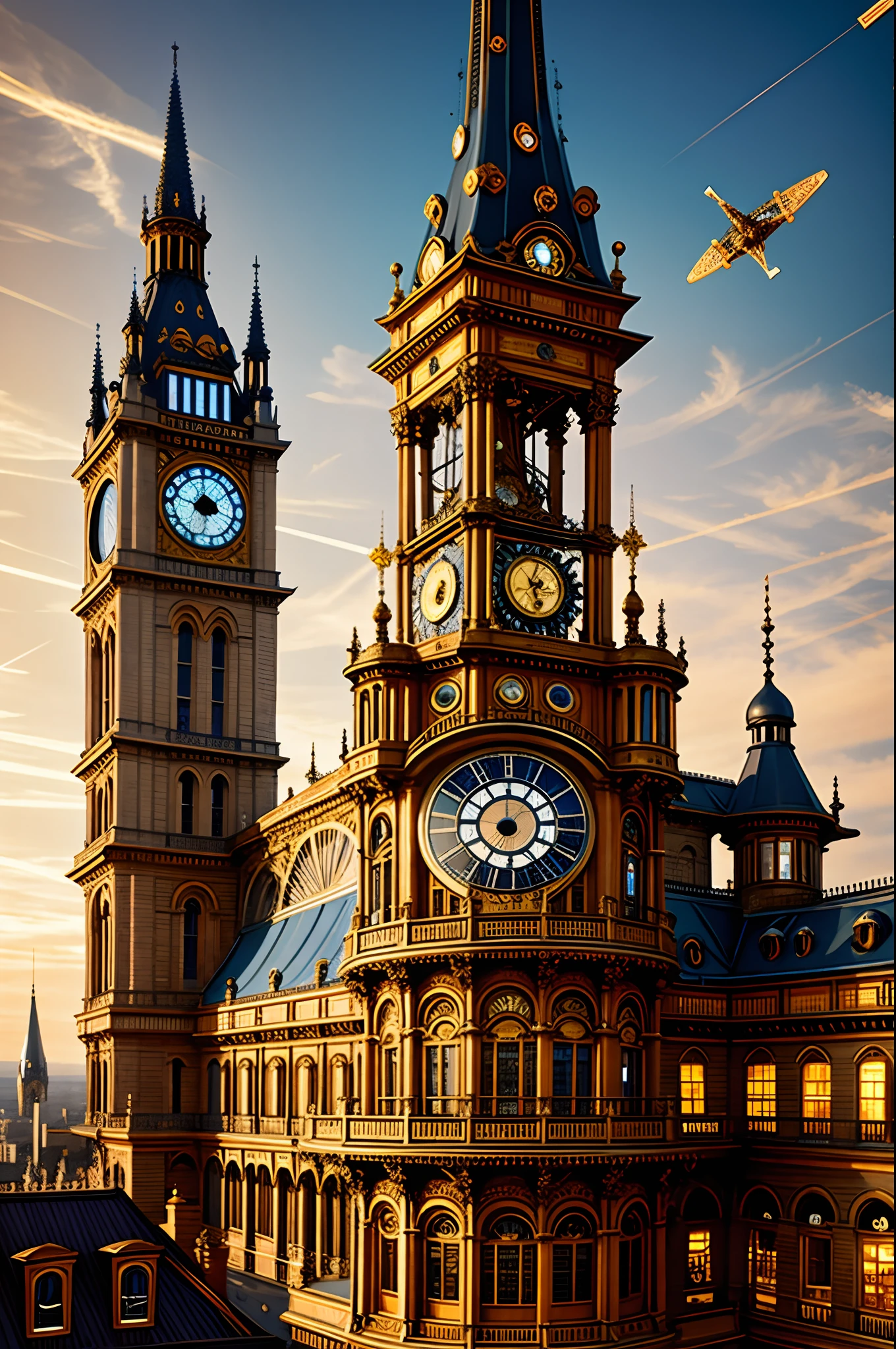 high quality, 8K Ultra HD, The protagonist, a courageous young beautiful woman adorned in a blend of vintage and futuristic attire, This intricate digital art piece captures the essence of a daring time voyager exploring a Victorian-era metropolis with a steampunk twist, stands atop a colossal clock tower adorned with ornate cogs and gears, Airships gracefully traverse the skies, propelled by precise mechanical propellers, The city's architecture harmoniously blends classic Victorian elegance with intricate steampunk machinery, resulting in a visually captivating juxtaposition, Rich sepia tones and metallic hues evoke a sense of depth and nostalgic allure, by yukisakura, high detailed,