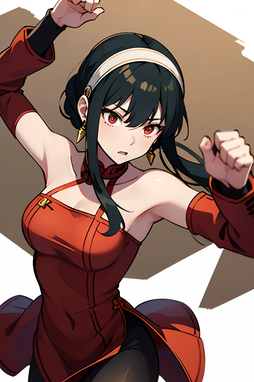 top-quality、​masterpiece、hight resolution、1girl in、A slender、Bjorf、Black hair、short hair with long locks、white hairband、Red Eyes、Gold Earrings、Jewelry、off shoulders、Red cheongsam、Black pantyhose、Attacking with your feet、Fighting