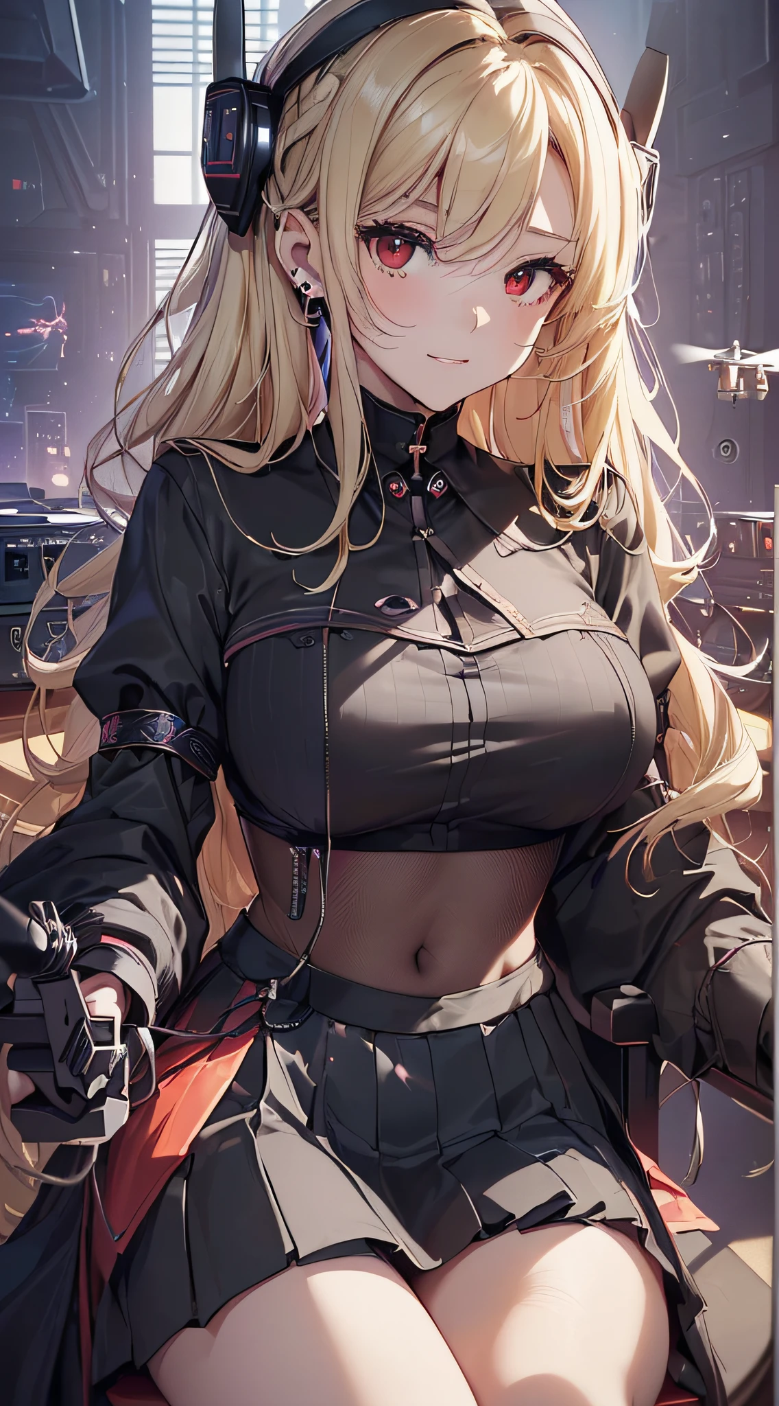top-quality、Top image quality、​masterpiece、girl with((18year old、Best Bust、big bast,Beautiful blue eyes、Breasts wide open, Blonde twintails、A slender,Large valleys、Black Sports Bra、Black pants、black rucksack、Hold your right hand in front of you、Fluttering hair)）hiquality、Beautiful Art、Background with((Wide Ports、sunrises,strong breeze、mare、vague)))、,masutepiece、visualart、depth of fields、