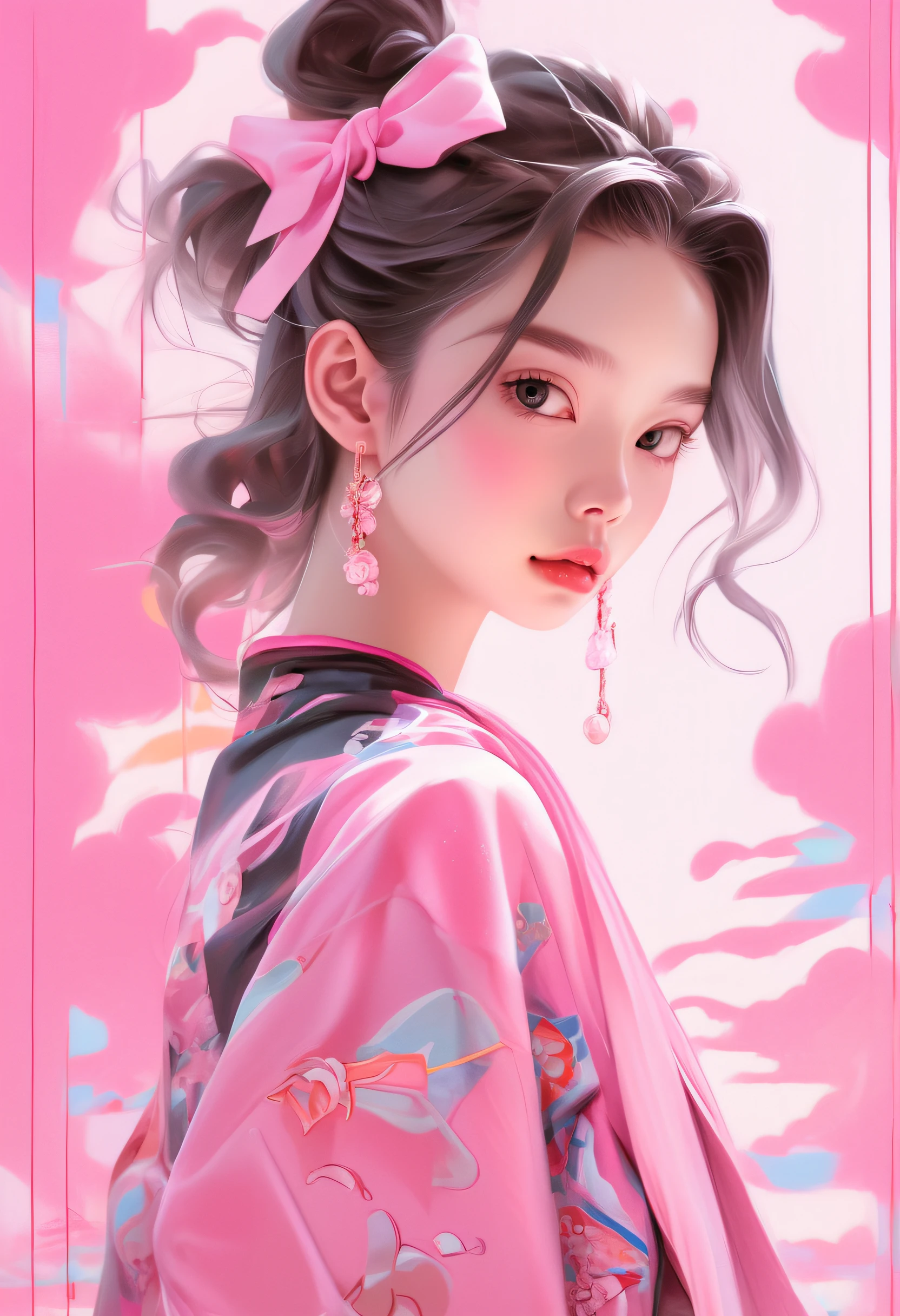 18-year-old girl，She looks like Angelababy,pink scrunchie，adolable，Barbie shiny pink,Estilo de Makoto Shinkai，niji style，in the style of Miho Hirano, pink and black,ornate portrait, 1980s animation, hongkongstyle, Sandara tang, mixed patterns, text and emoji installations