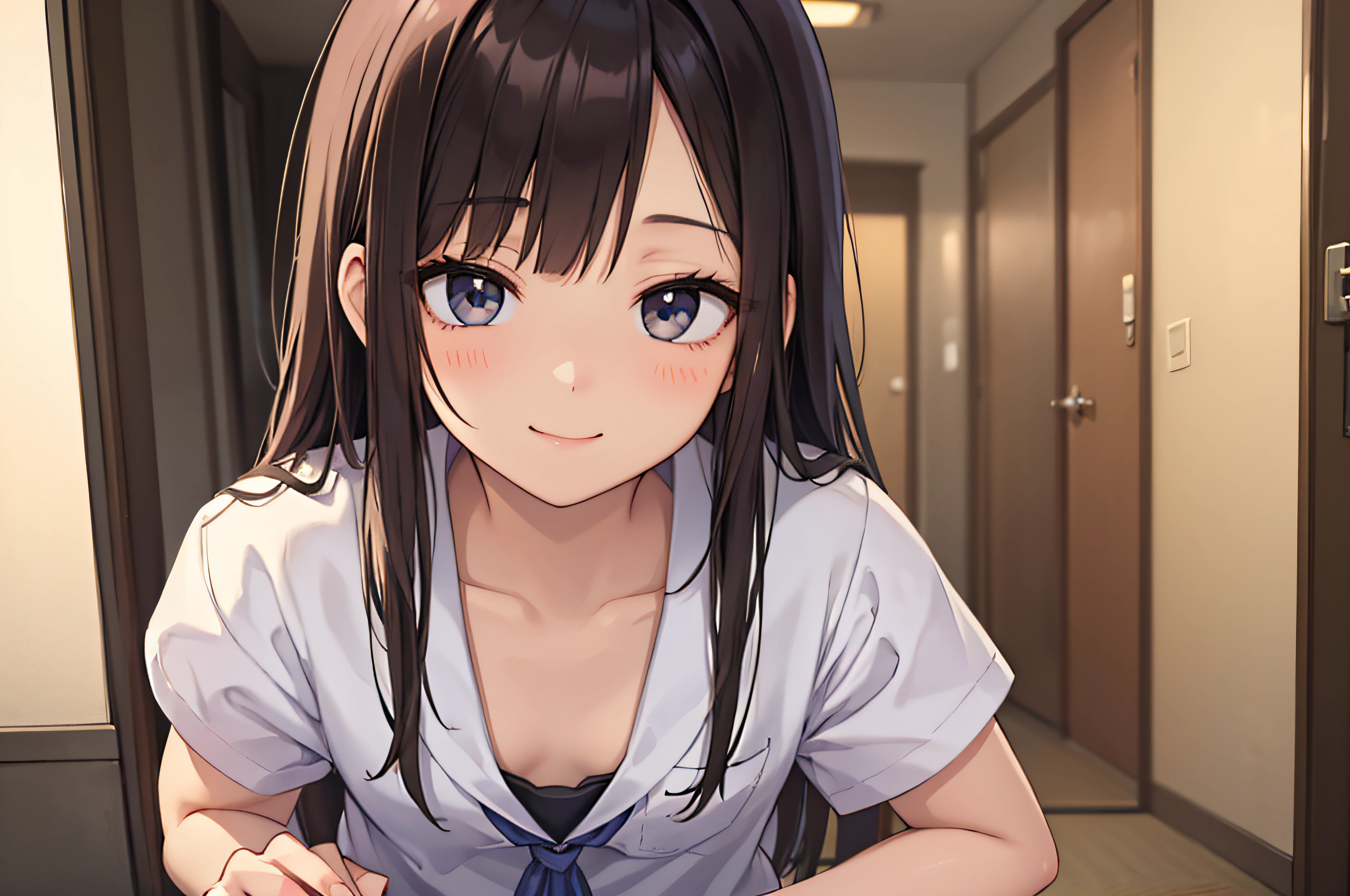 17 age、brown haired、beautidful eyes、real looking skin、hi-school girl、a sailor suit、small tits、(8K、​masterpiece)、(reallistic、Photorealsitic)、top-quality、ighly detailed、The ultra-detailliert、Beautie、cute little、japanes、Idol、a smile、Close-up portrait、Healthy face