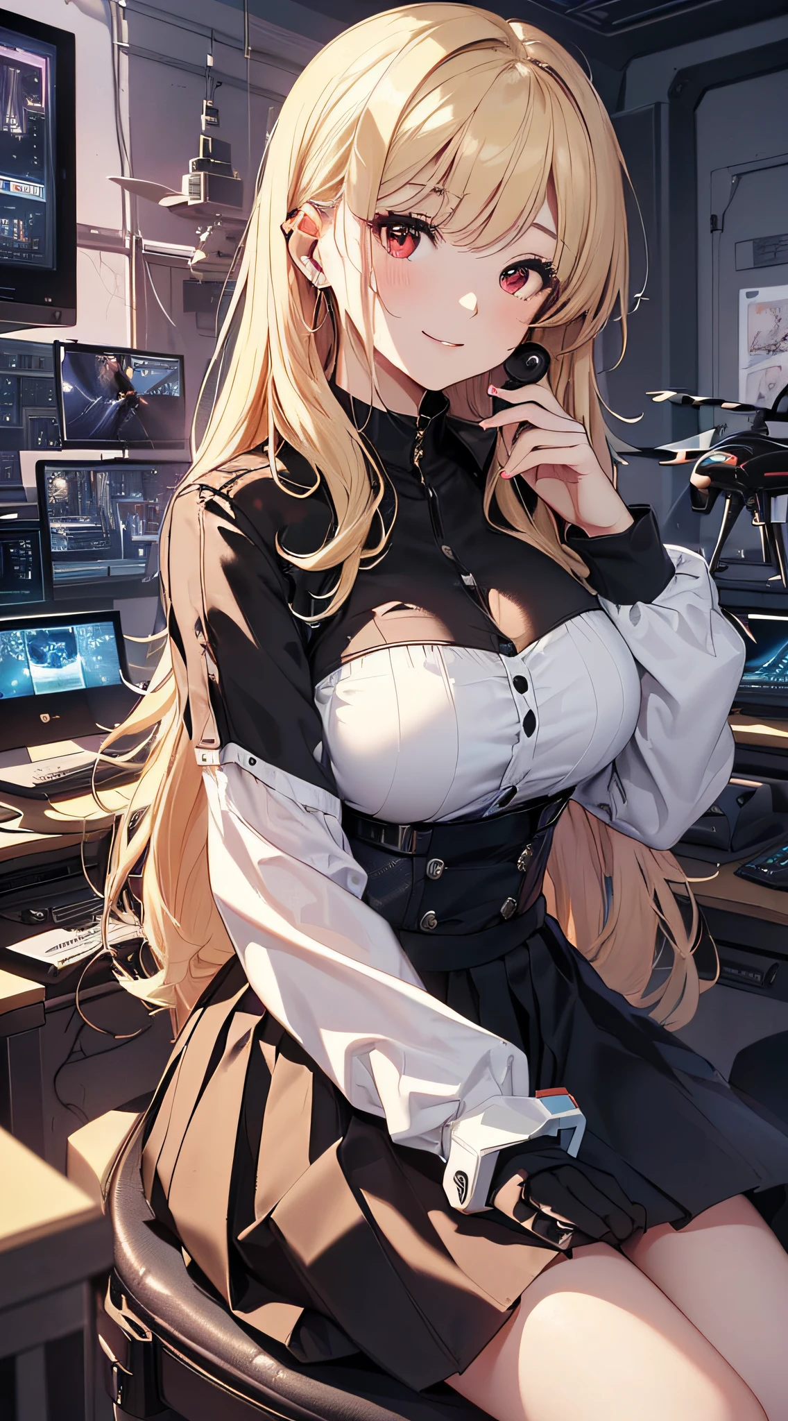 top-quality、Top image quality、masterpiece、girl with((Beautiful fece、20yr old、Best Bust、big bast、Bust 85,Red eyes to issue、Breasts wide open,Valley、Blonde long hair、A slender、Disheveled black Y-shirt、a black skirt、Black spats,sit a chair、Large valleys、A slight smil、Happiness、Wireless Earphones)hiquality、Beautiful Art、Background with((Cyber Laboratories,Many flying drones、darkened room、Retro Laptops)),Depth((Numerous monitors))masutepiece、Elaborate design、visualart、depth of fields、
