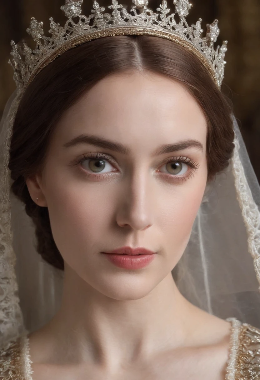 (Best quality,ultra-realistic:1.2),A high resolution,Ultra-detailed,portrait,Wife of King Henry VIII,Toile de fond urbaine,Beaux yeux expressif,beautiful detailed lips,espagnole, cheveux sombre, Beautiful and elegant personality,showing body  dress outfit as well as the hairstyle of his time that reflects the royal status. religieux, foi catholique. Tenez-vous en confiance, glowing lighting,Couleurs de peau olives espagnole.Sculpted skin,Joaillerie,colliers croix catholique,Contexte historique,Calm and powerful manners,Dark black and gold color scheme,maquillage naturel,glowing complexion,Ornate crown,Royal and elegant presence,Expression sereine,Improve facial features,Des cheveux de luxe fluides.Face to face the screen. Gaze fixed on the screen.
