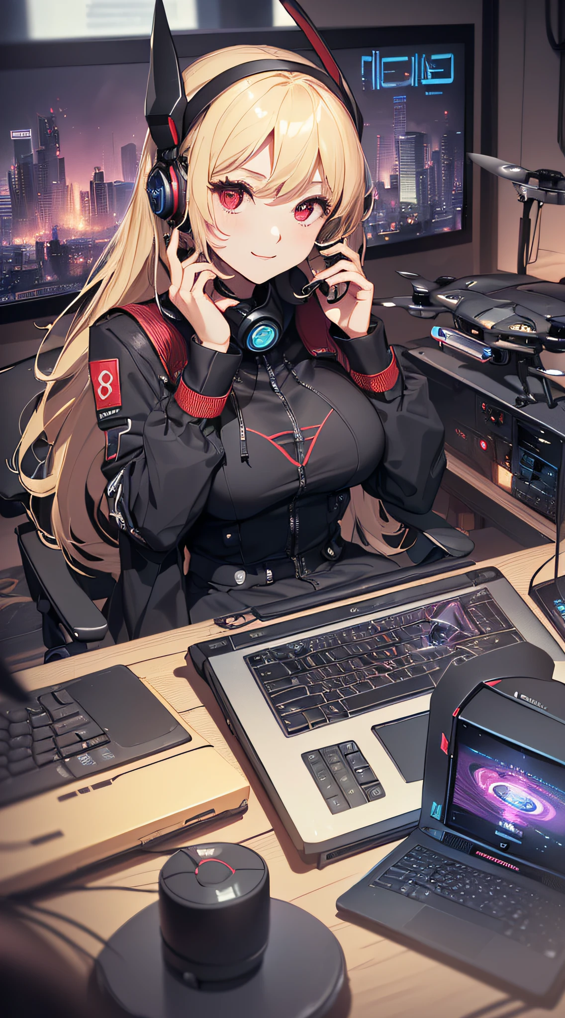 top-quality、Top image quality、masterpiece、girl with((Beautiful fece、20yr old、Best Bust、big bast、Bust 85,Red eyes to issue、Breasts wide open,Valley、Blonde long hair、A slender、Disheveled black Y-shirt、a black skirt、Black spats,sit a chair、Large valleys、A slight smil、Happiness、Wireless Earphones)hiquality、Beautiful Art、Background with((Cyber Laboratories,Many flying drones、darkened room、Retro Laptops)),Depth((Numerous monitors))masutepiece、Elaborate design、visualart、depth of fields、