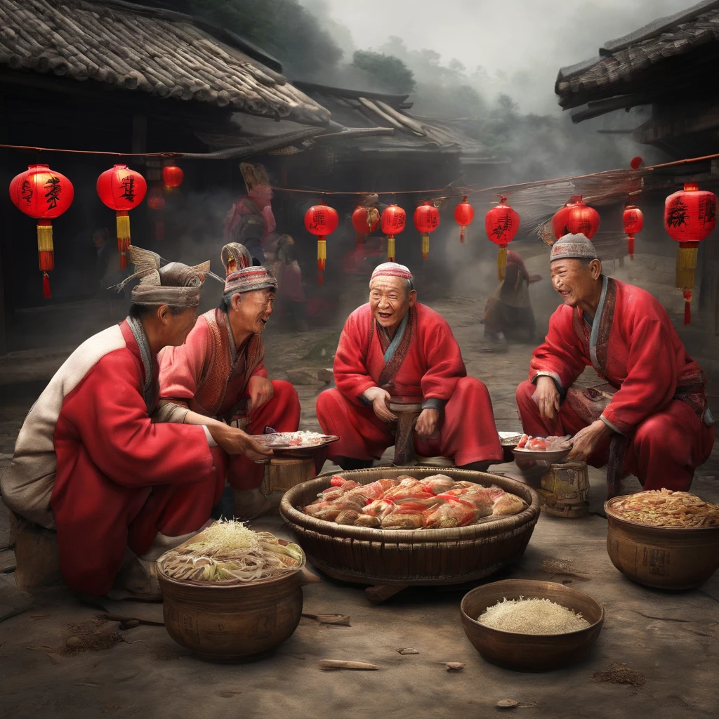 Zhuang villagers celebrate the festival,There are red lanterns and good food