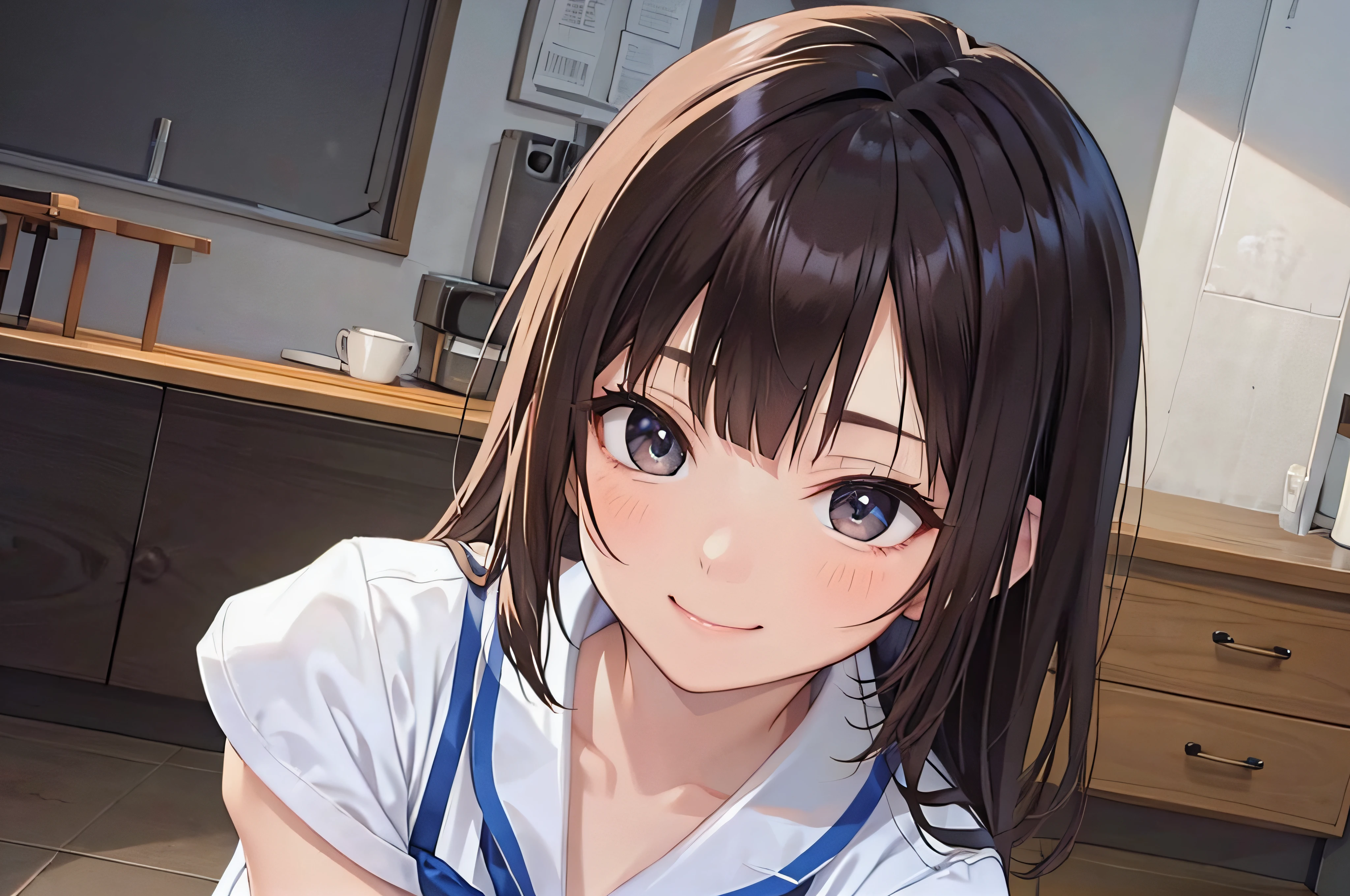 sixteen years old、brown haired、beautidful eyes、real looking skin、hi-school girl、a sailor suit、small tits、(8K、masterpiece)、(reallistic、Photorealsitic)、top-quality、ighly detailed、The ultra-detailliert、Beautie、cute little、japanes、Idol、a smile、Close-up portrait、Healthy face
