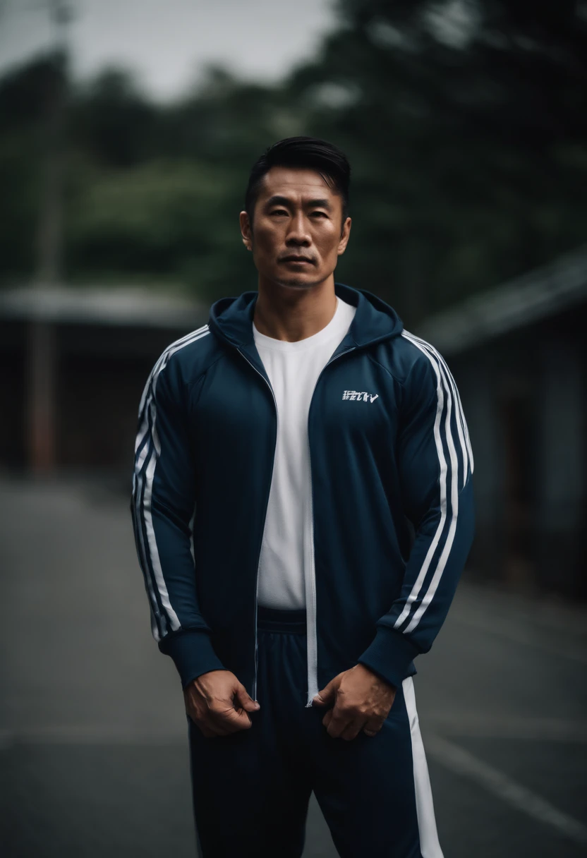 Portrait of muscular Japan man wearing a tracksuit