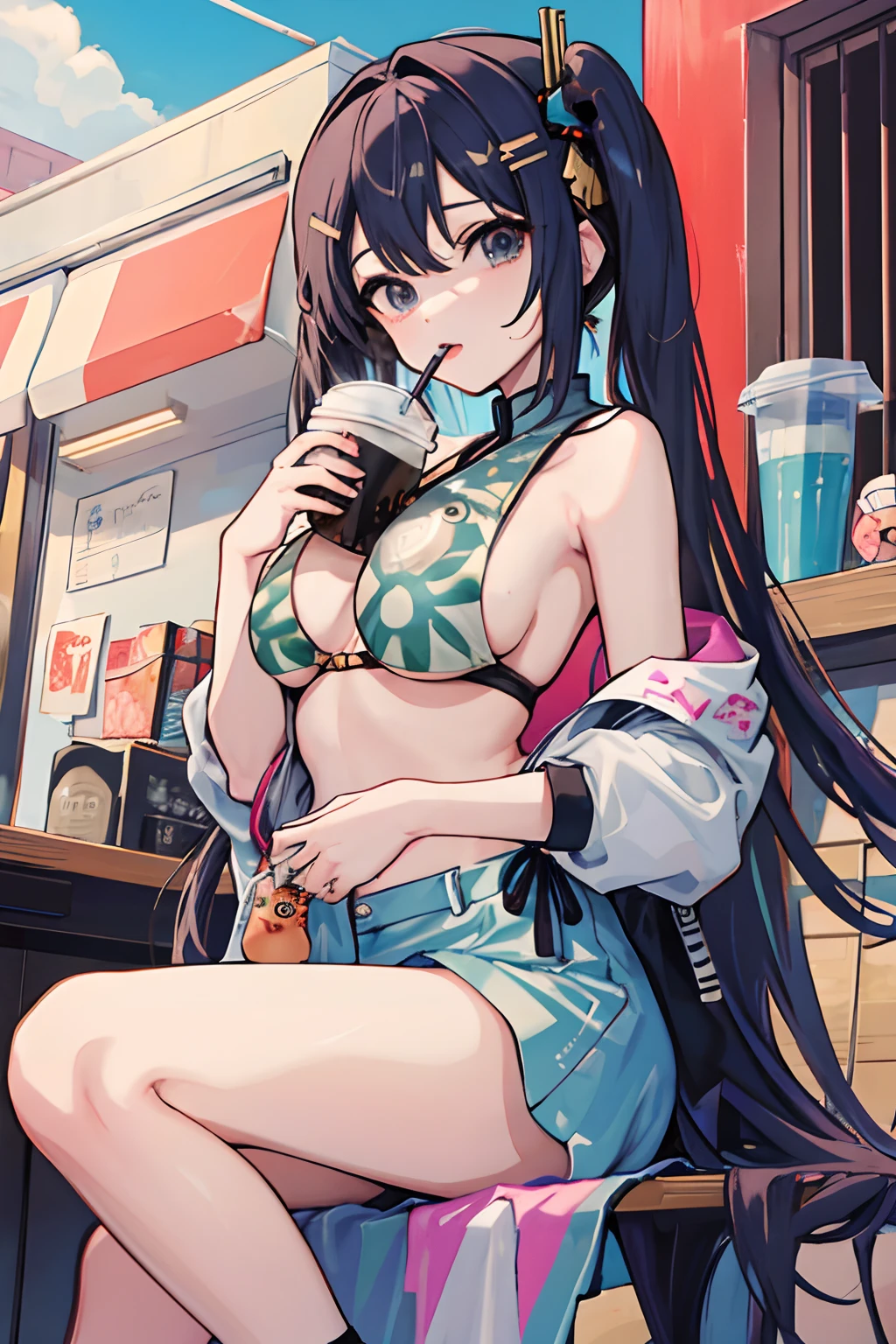 anime girl, boba cup in between breasts