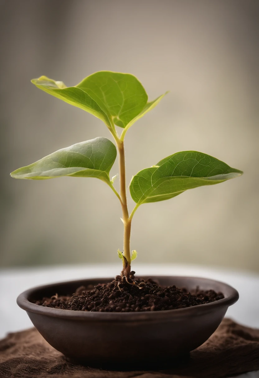 Capture an image of five soybean seedlings approximately four inches tall, exibindo folhas com manchas
