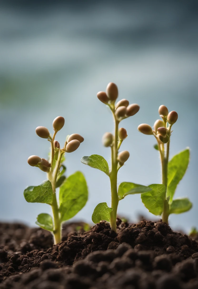 Capture an image of five soybean seedlings approximately four inches tall, exibindo folhas com manchas