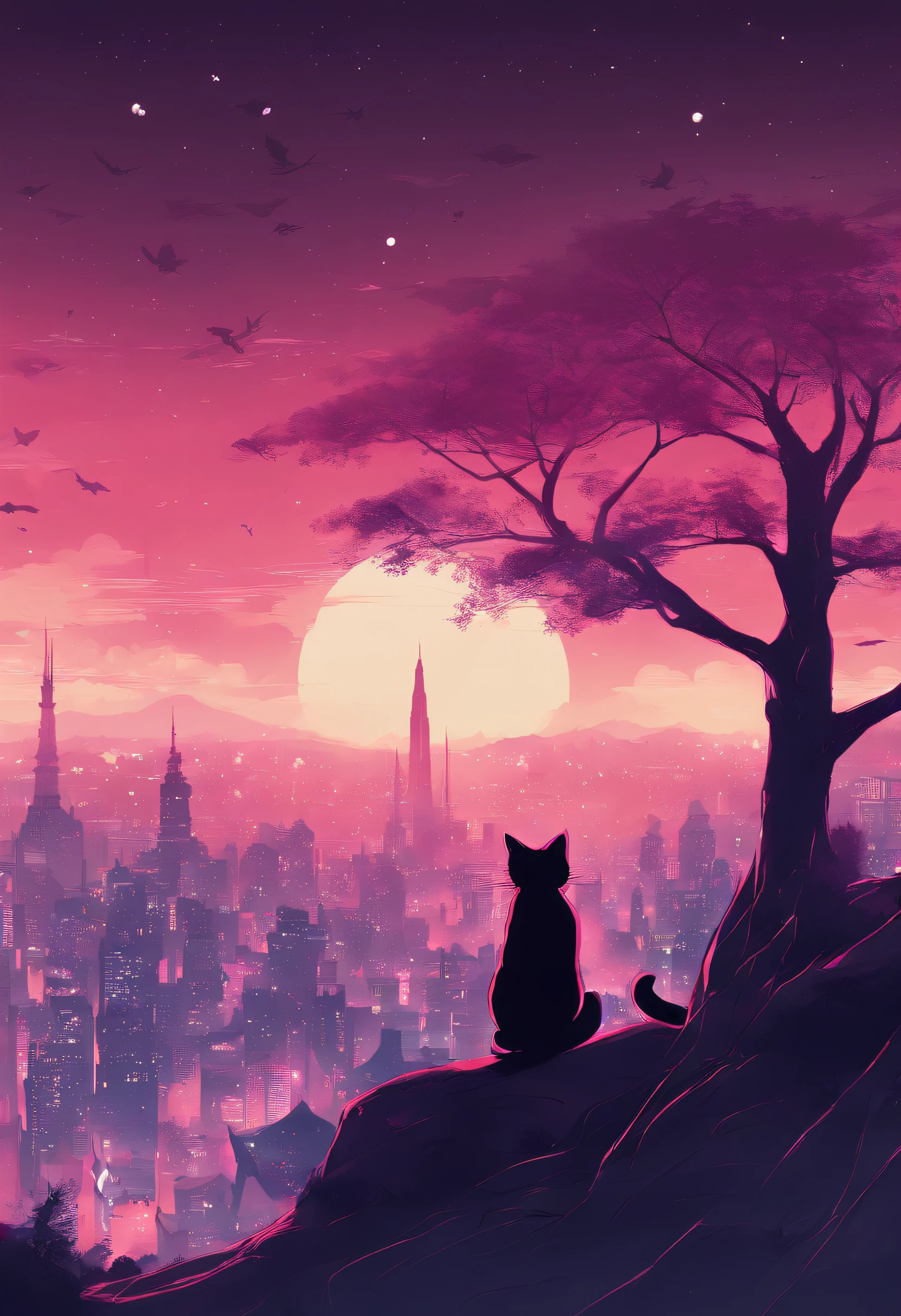 (reddish、Pink),octans, Skysky, stele(Skysky), landscapes, starrysky, natta,( 1girl in,One Cat、Snuggle up:1.5),(Snuggle up:1.3),Cats,nigh sky, 独奏, plein air, built, clouds, shooting stars,sitting on, The tree, length hair, 城市, silhuette, Cityscape,from behind