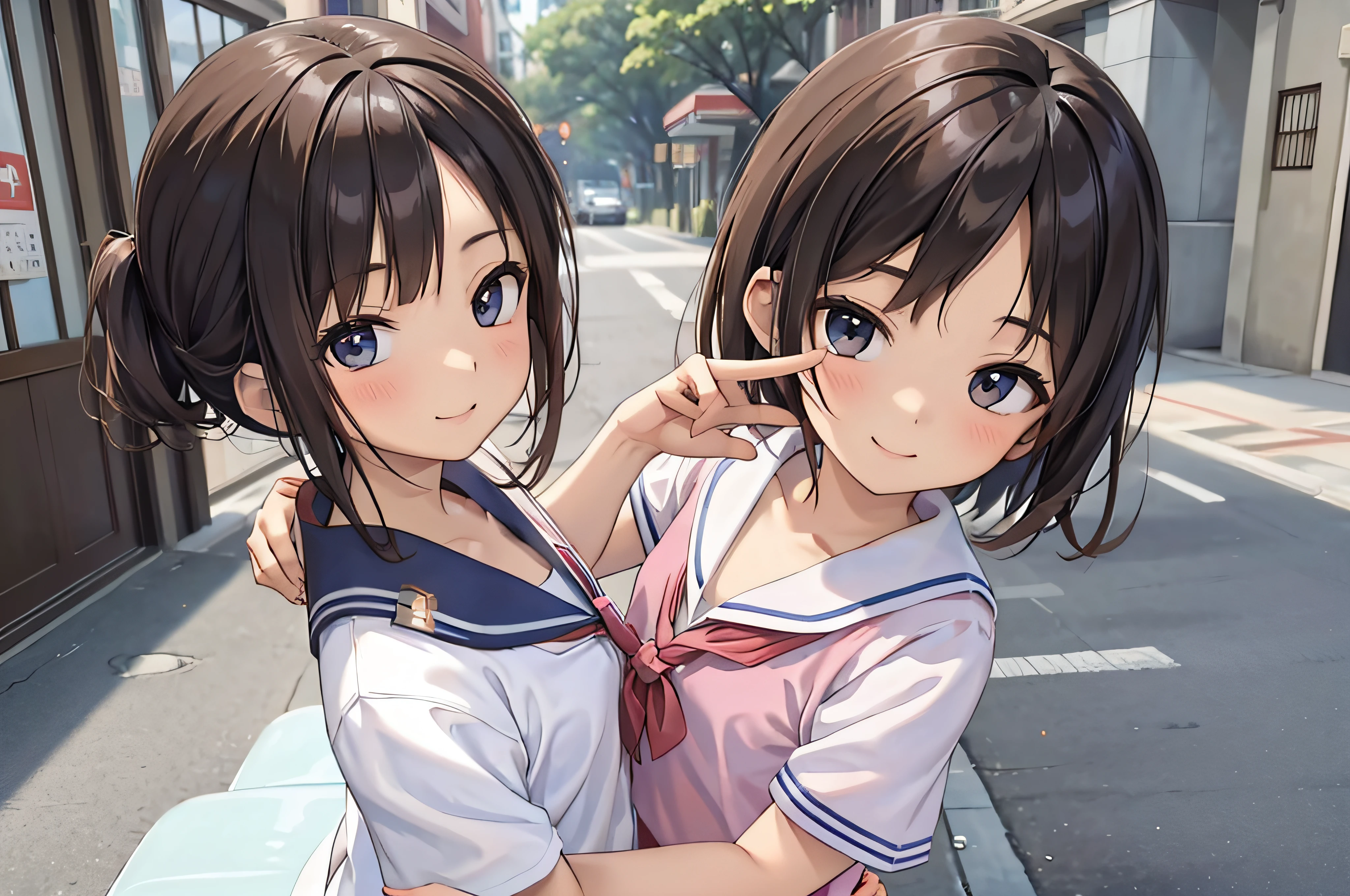 、brown haired、beautidful eyes、real looking skin、hi-school girl、a sailor suit、small tits、(8K、masterpiece)、(reallistic、Photorealsitic)、top-quality、ighly detailed、The ultra-detailliert、Beautie、cute little、japanes、Idol、a smile、Close-up portrait、Healthy face